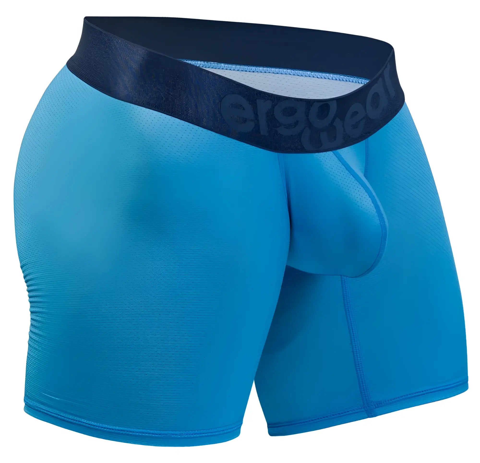 Bright blue ergonomic boxer briefs with a dark navy ergo wear waistband for maximum comfort and support