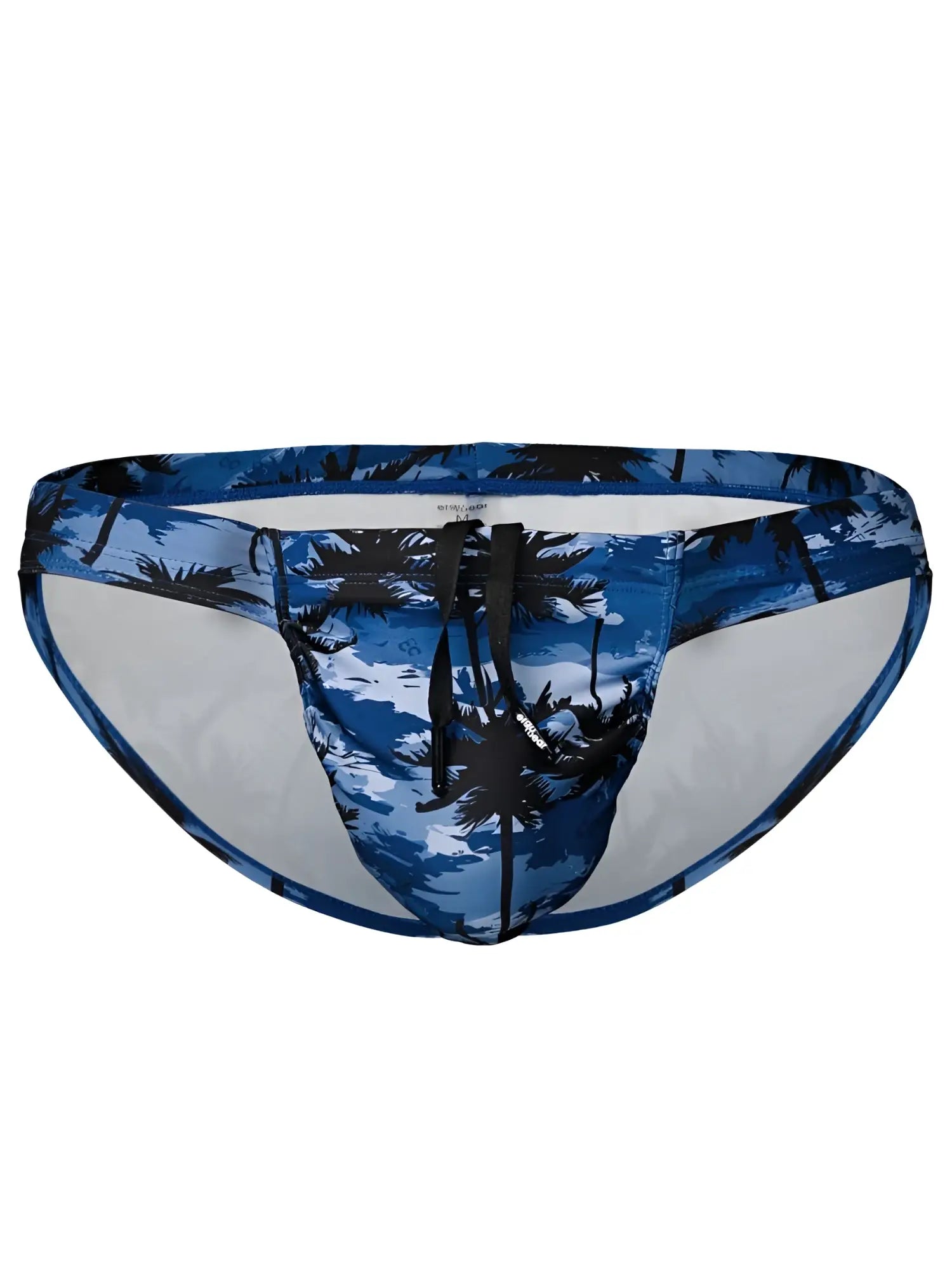 Blue palm tree patterned ergoWear ew1824 feel sw swim bikini with white interior and black drawstring in dark blue
