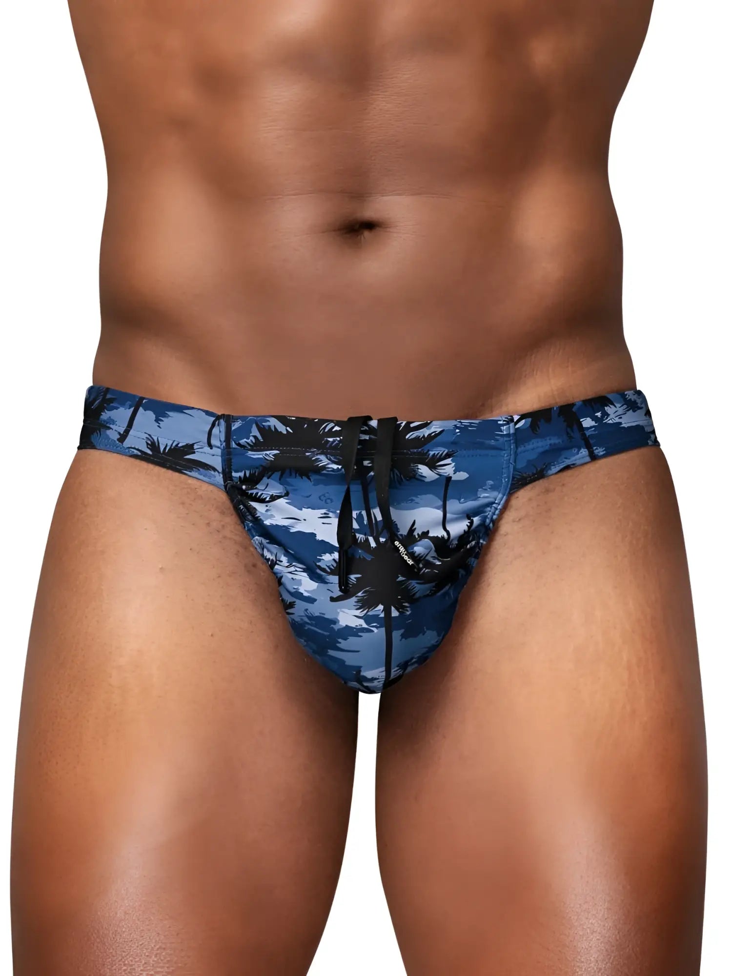 Ergowear ew1824 feel sw swim bikini in dark blue with blue tropical palm tree pattern and black drawstring waistband