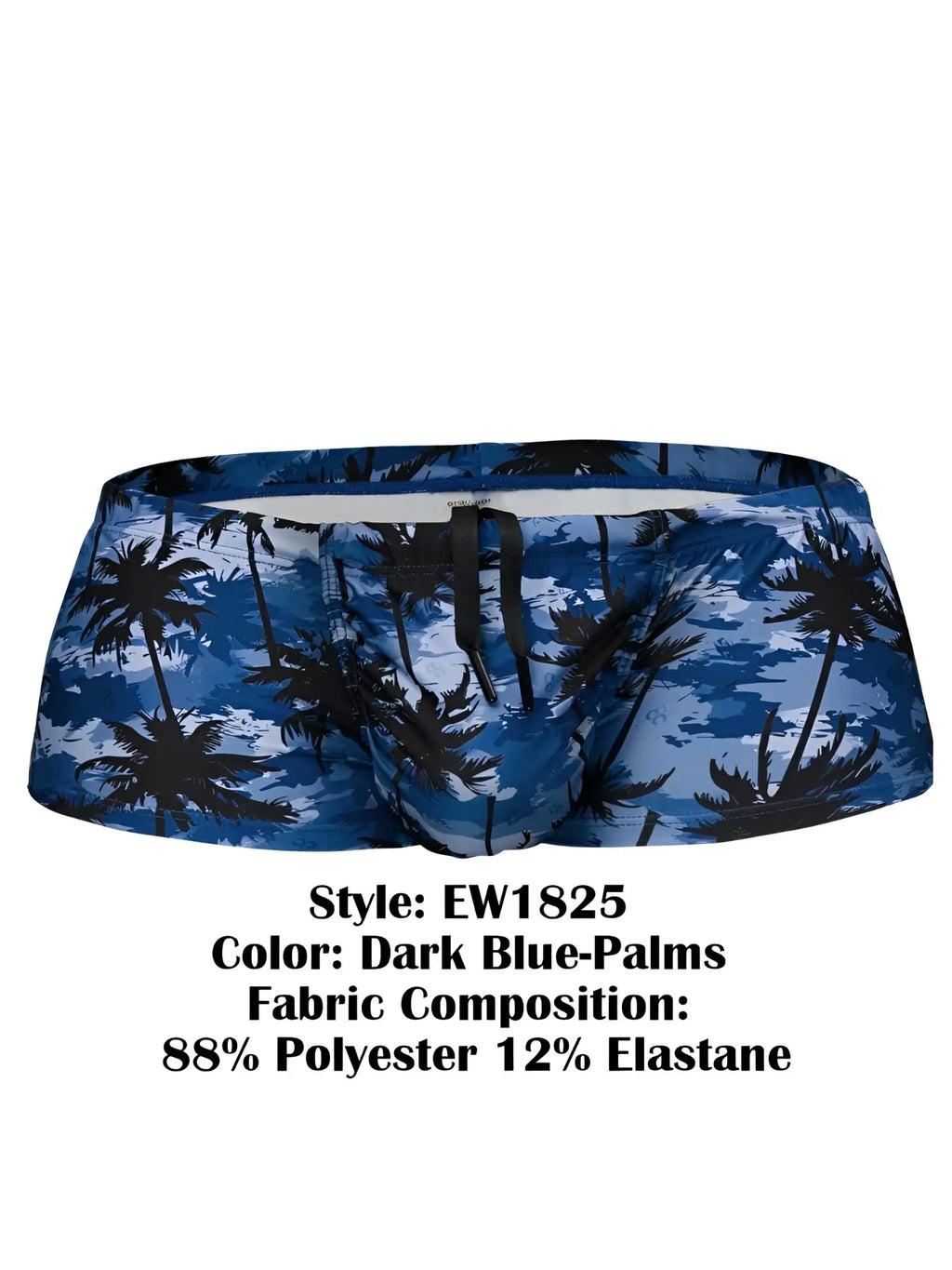 Ergowear ew1825 feel sw dark blue swim trunks with black palm tree pattern made of 88 polyester 12 elastane