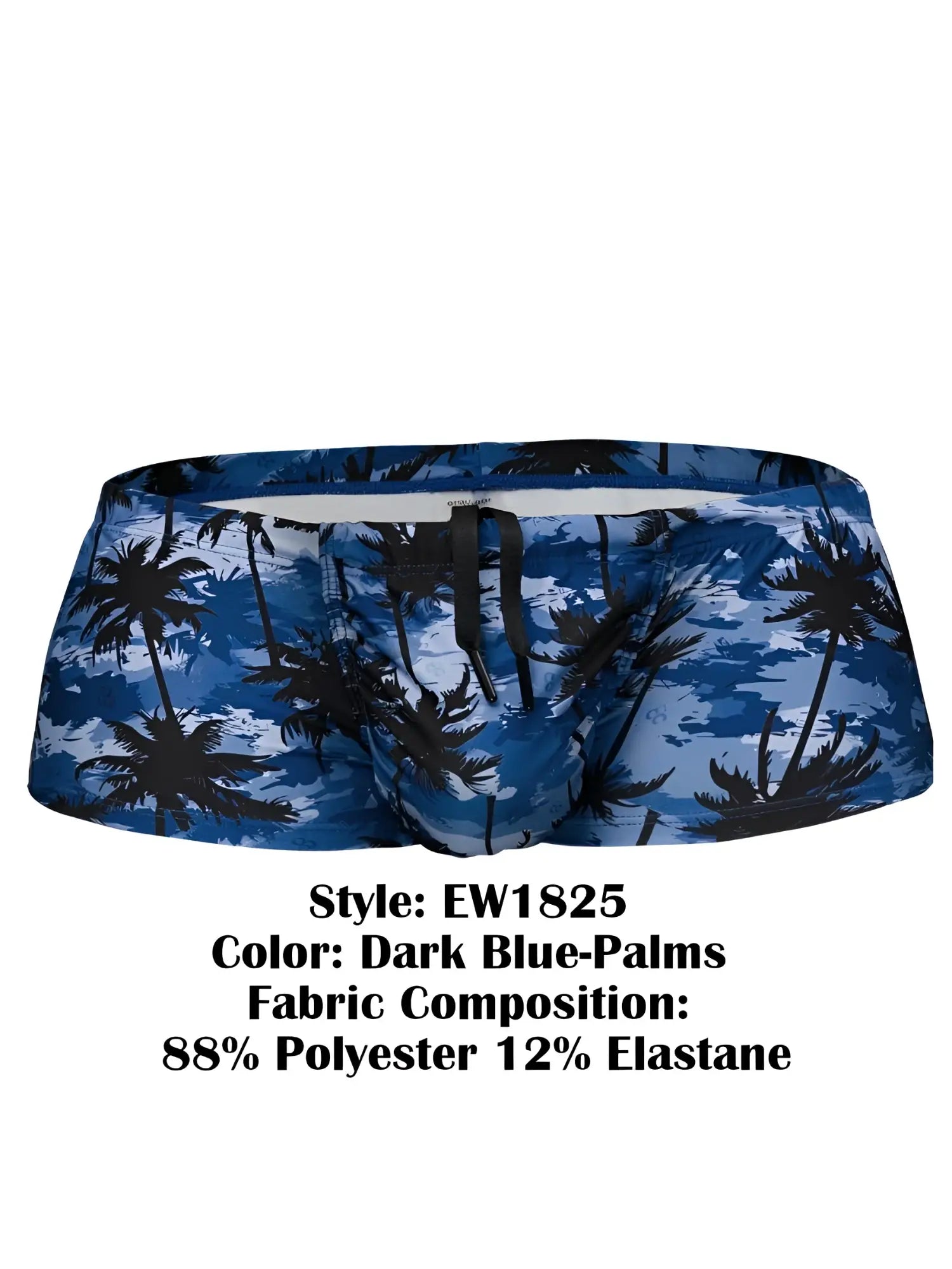 Ergowear ew1825 feel sw dark blue swim trunks with black palm tree pattern made of 88 polyester 12 elastane
