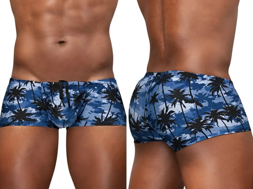 ErgoWear EW1825 feel sw dark blue swim trunks with black and blue palm tree pattern for beach and poolwear