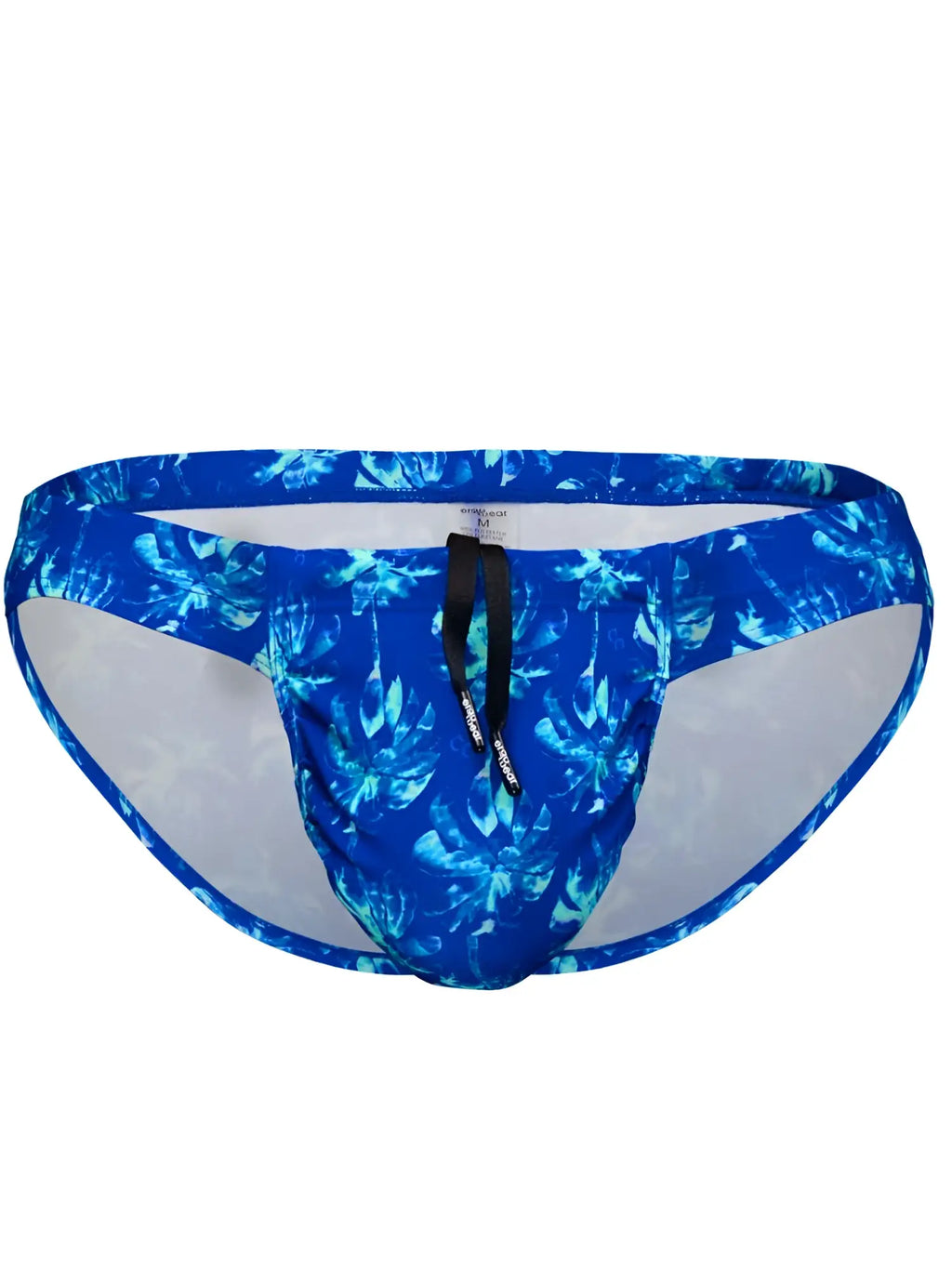 Blue tropical leaf-patterned swim bikini with black drawstring and mesh lining by ergowear in royal blue-palms