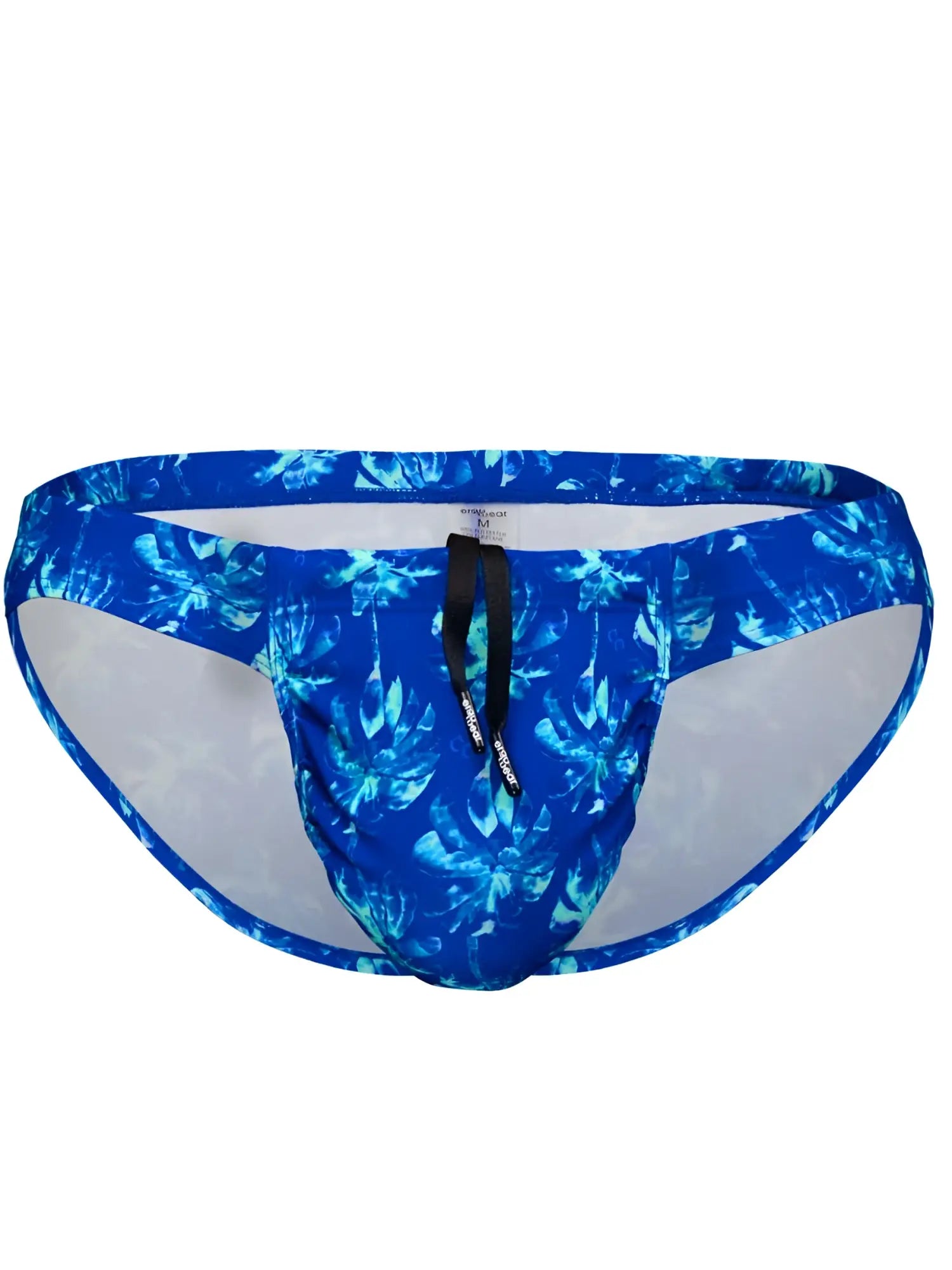 Blue tropical leaf-patterned swim bikini with black drawstring and mesh lining by ergowear in royal blue-palms
