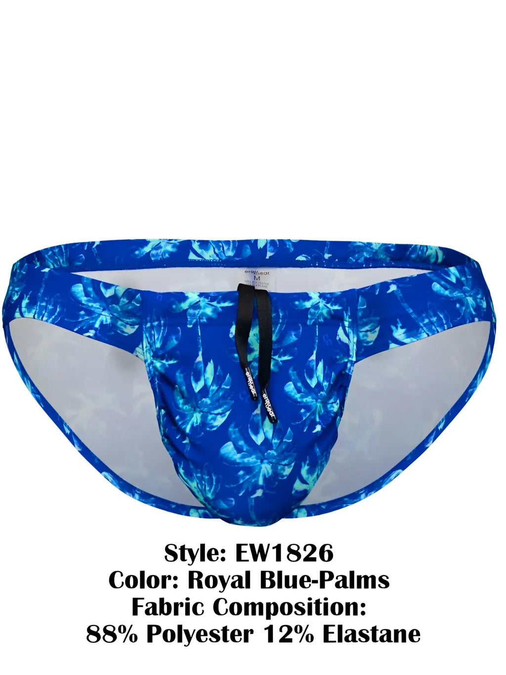 Royal blue ergoWear ew1826 swim bikini trunks with tropical palm leaf pattern and black drawstring for swimming