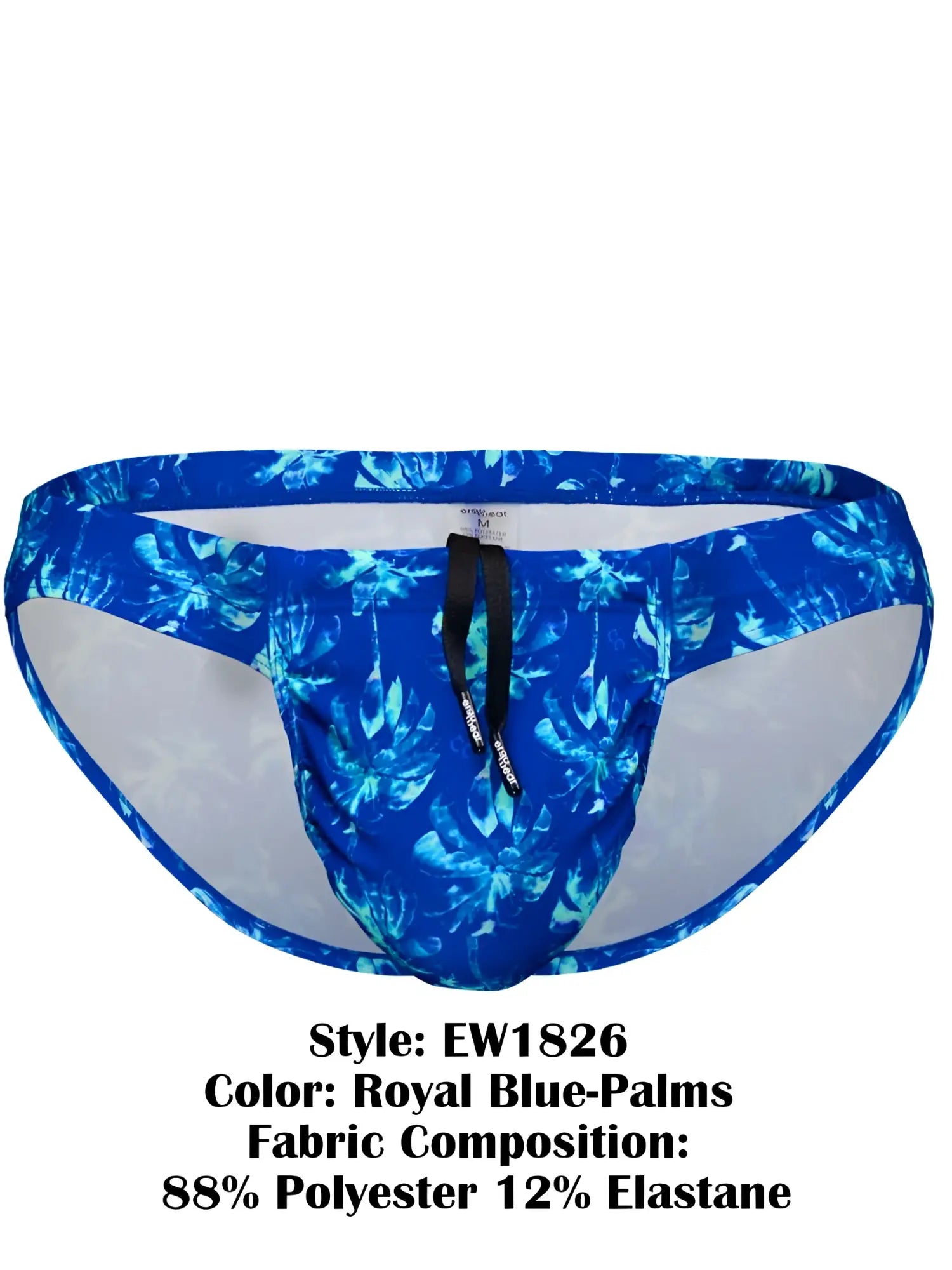Royal blue ergoWear ew1826 swim bikini trunks with tropical palm leaf pattern and black drawstring for swimming