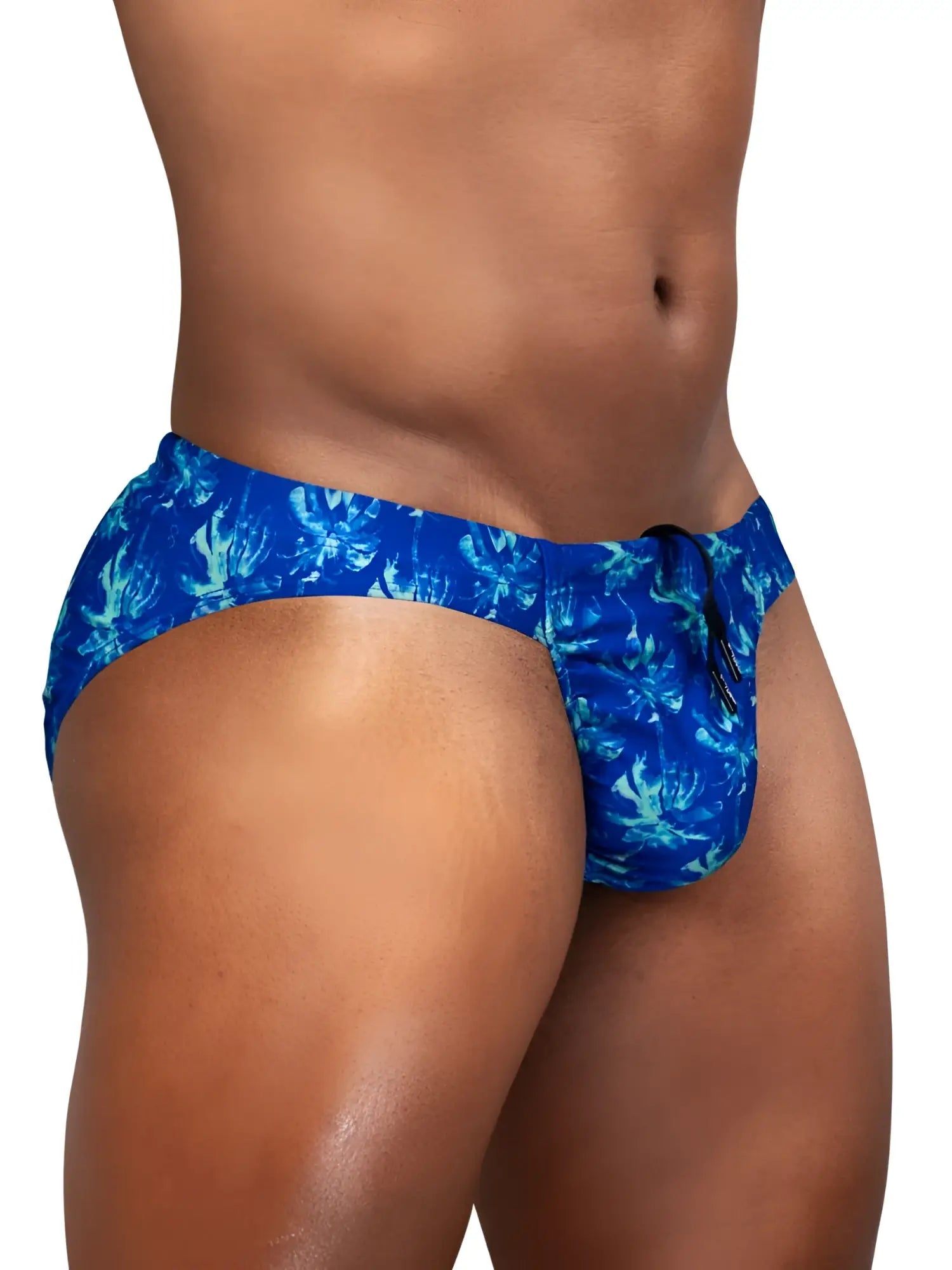 Blue swim bikini with vibrant tropical palm leaf pattern and black drawstring by Ergowear model EW1826