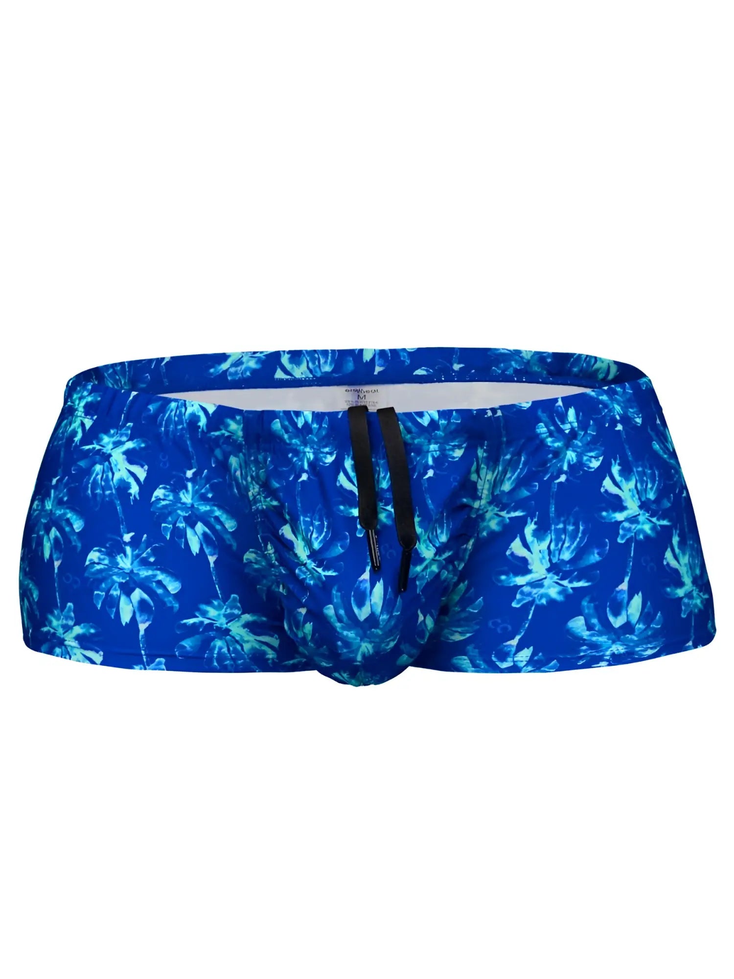 Ergowear ew1827 feel sw royal blue swim trunks with lighter blue and teal palm tree pattern and black drawstrings