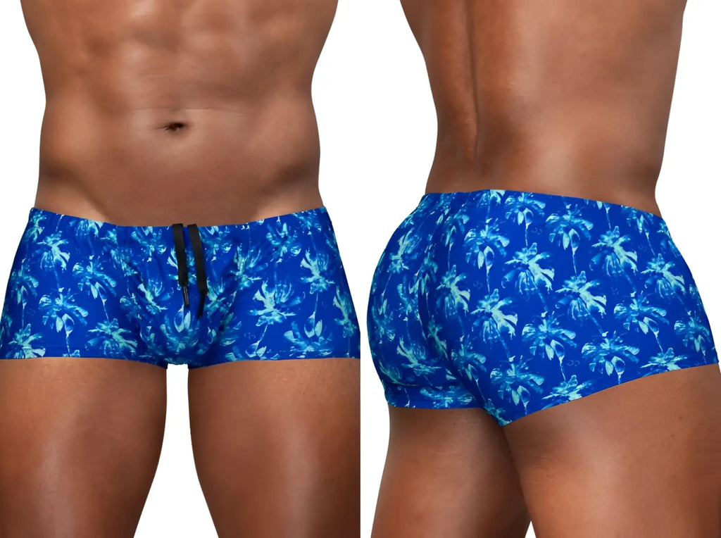ErgoWear EW1827 FEEL SW swim trunks royal blue with lighter blue and white palm tree pattern and black drawstrings