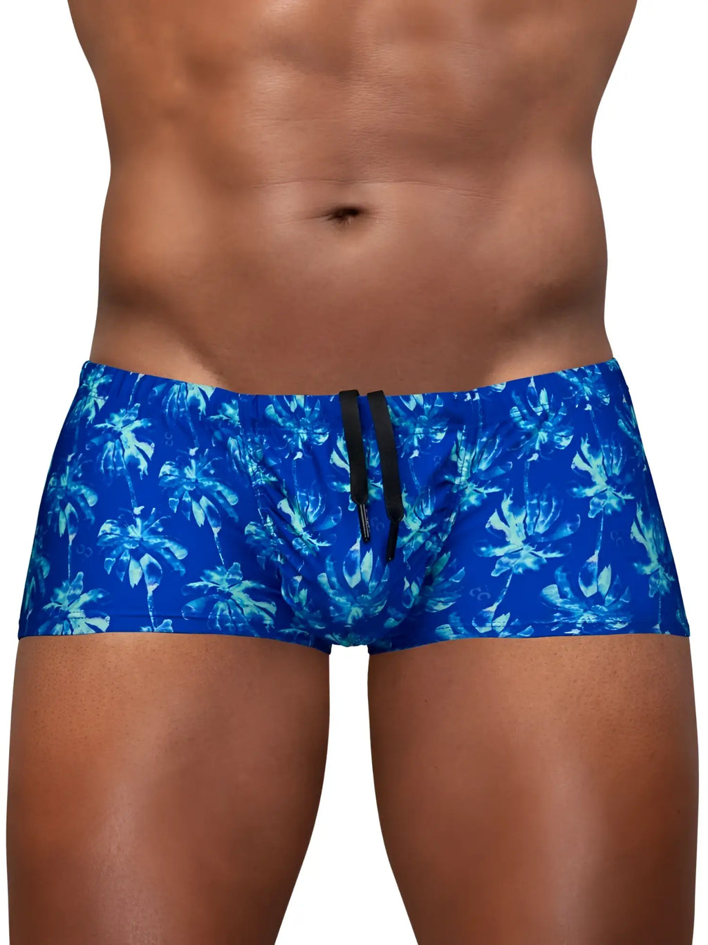 ErgoWear EW1827 FEEL SW royal blue swim trunks with tropical palm tree pattern and black drawstring for comfortable wear