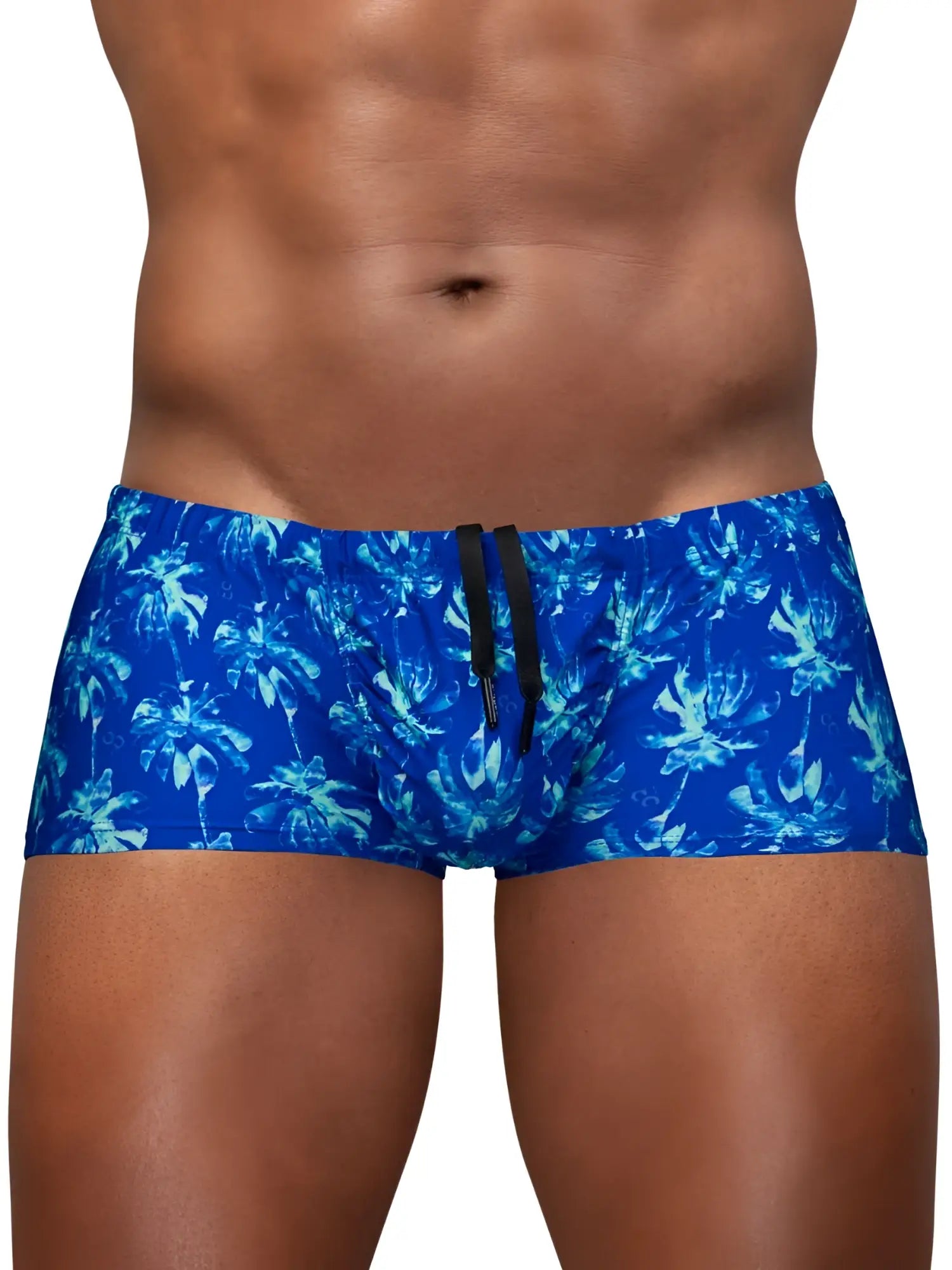 ErgoWear EW1827 FEEL SW royal blue swim trunks with tropical palm tree pattern and black drawstring for comfortable wear