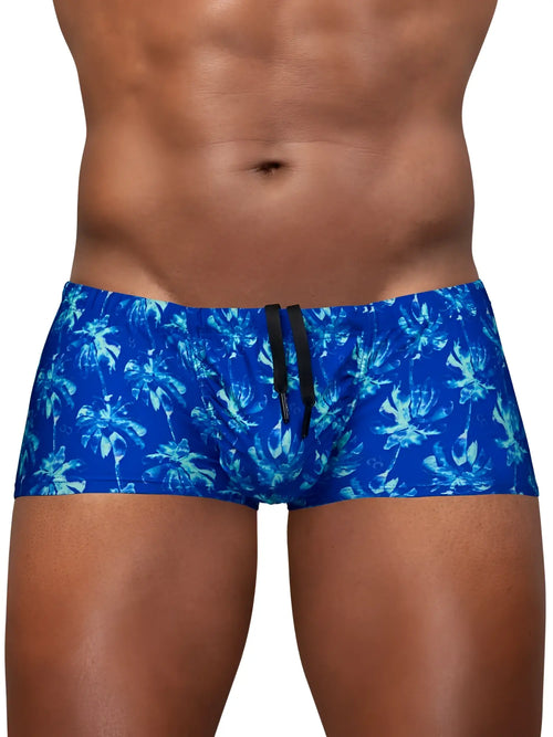 ErgoWear EW1827 FEEL SW royal blue swim trunks with tropical palm tree pattern and black drawstring for comfortable wear