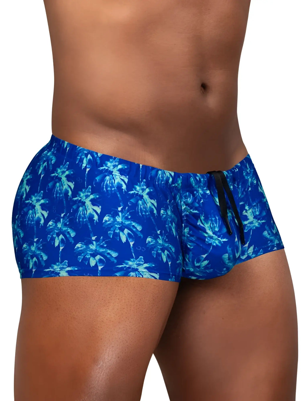ErgoWear ew1827 feel sw royal blue swim trunks with blue tropical palm tree pattern and black drawstring