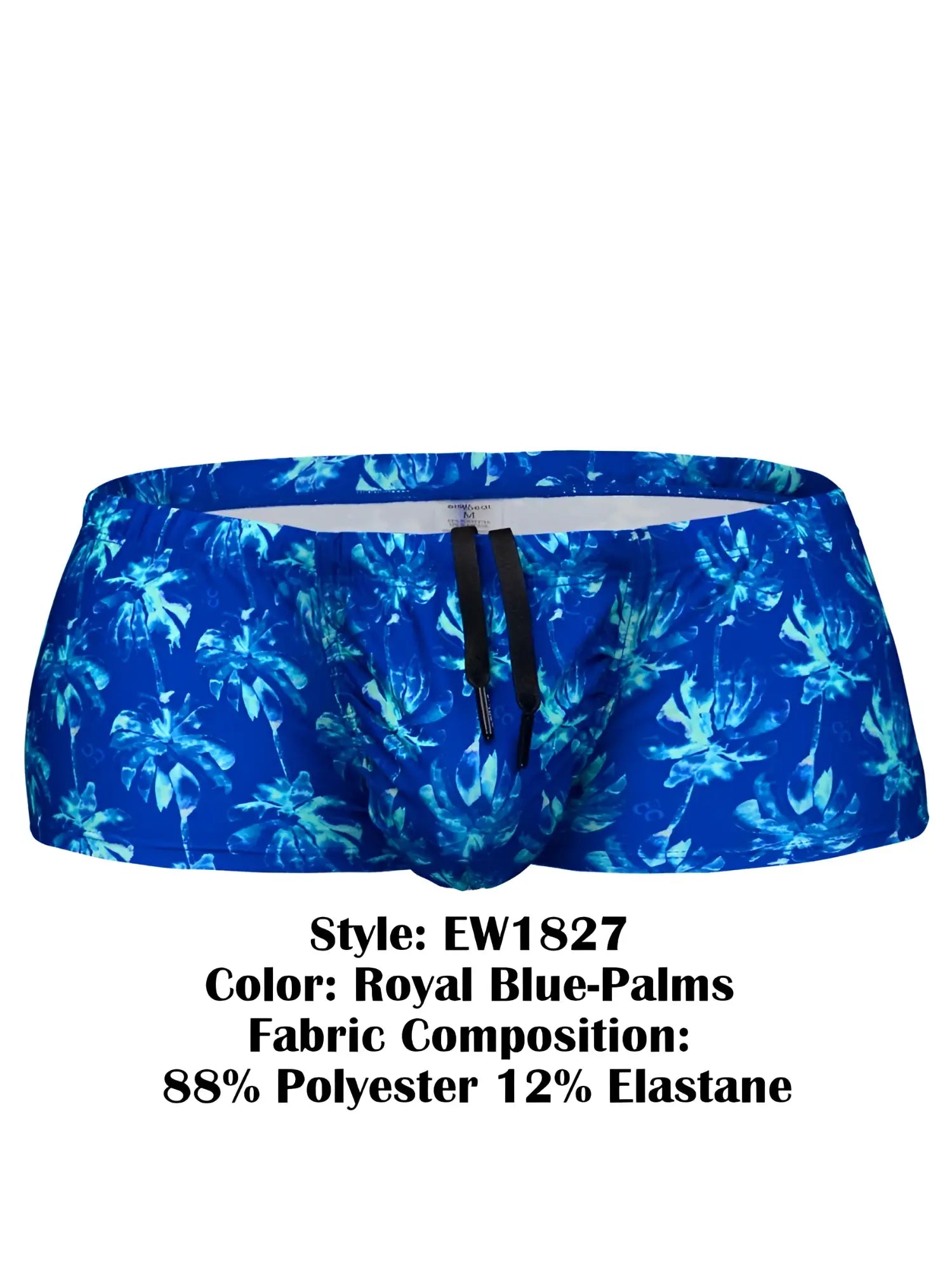 Ergowear ew1827 feel sw royal blue swim trunks with vibrant palm pattern made of polyester elastane with black drawstrings