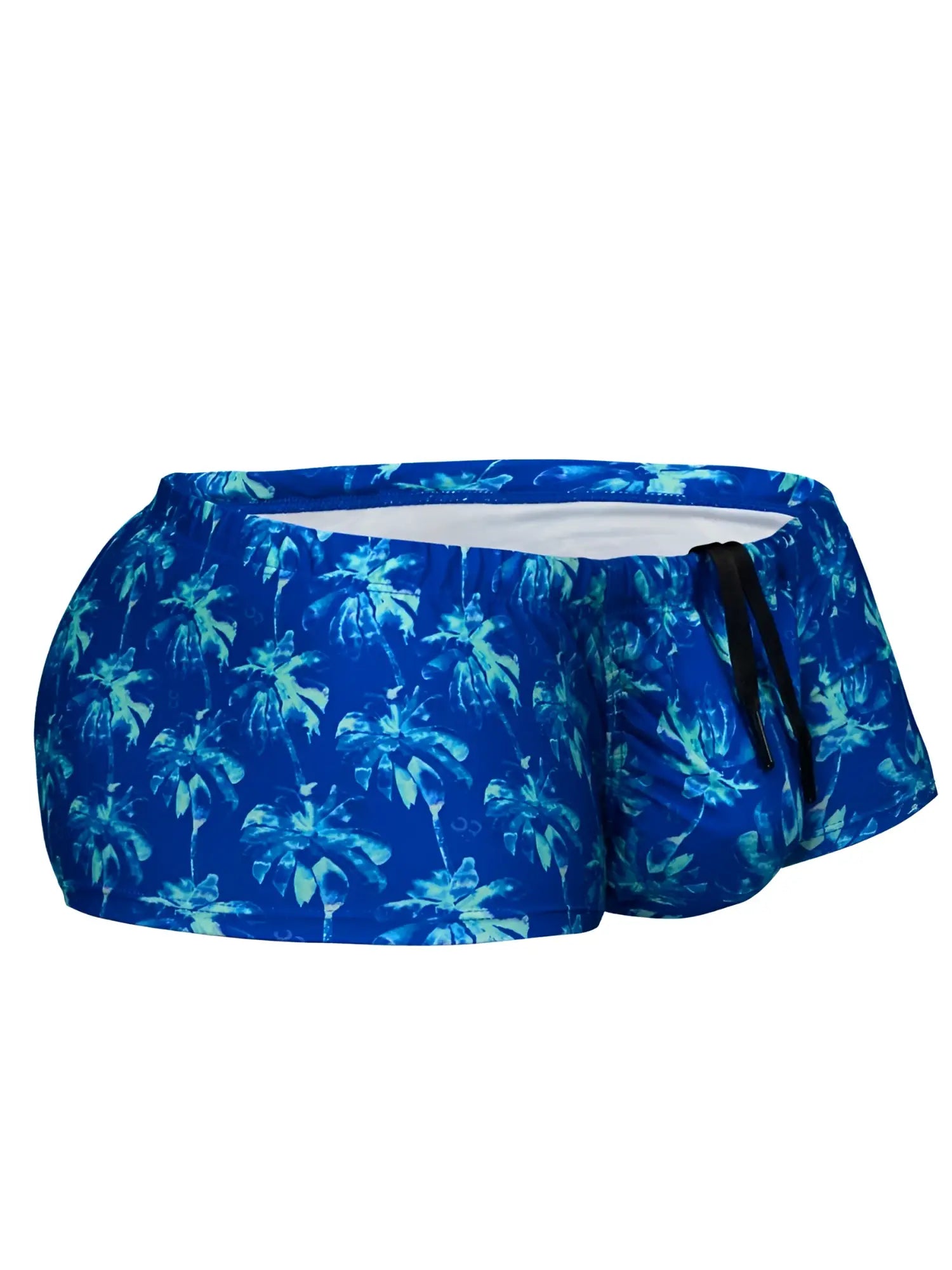 ErgoWear ew1827 feel sw royal blue swim trunks with vibrant tropical palm pattern and black drawstrings for fit