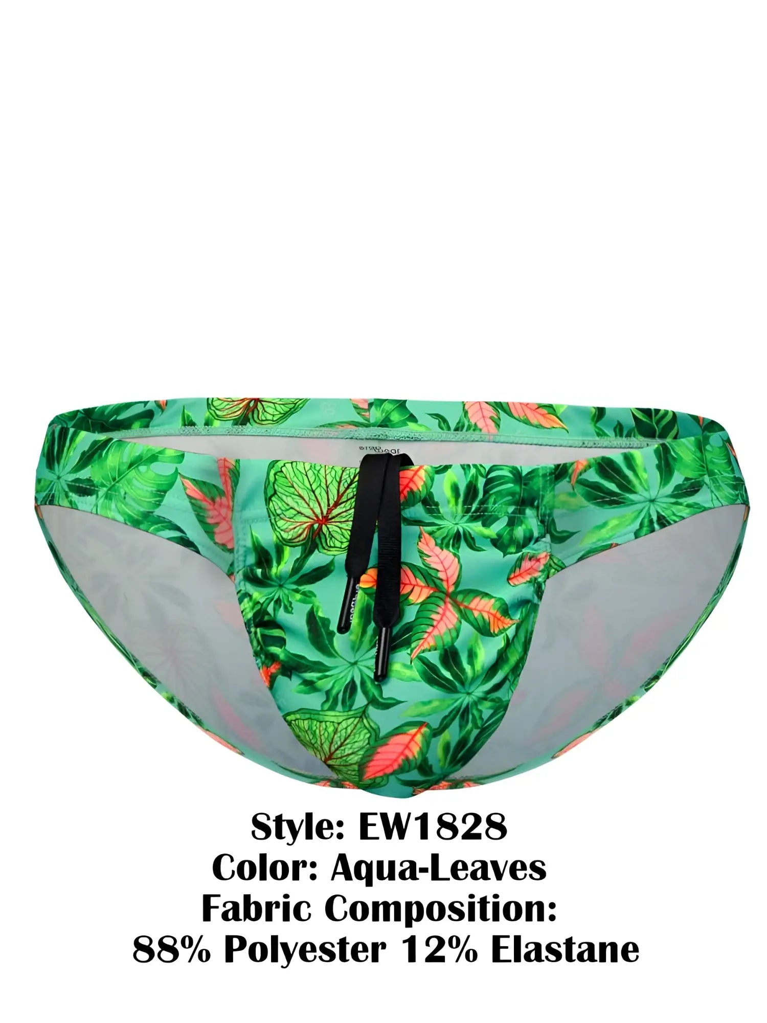 ErgoWear ew1828 feel sw swim bikini with green and pink tropical leaf pattern and black drawstring in aqua color