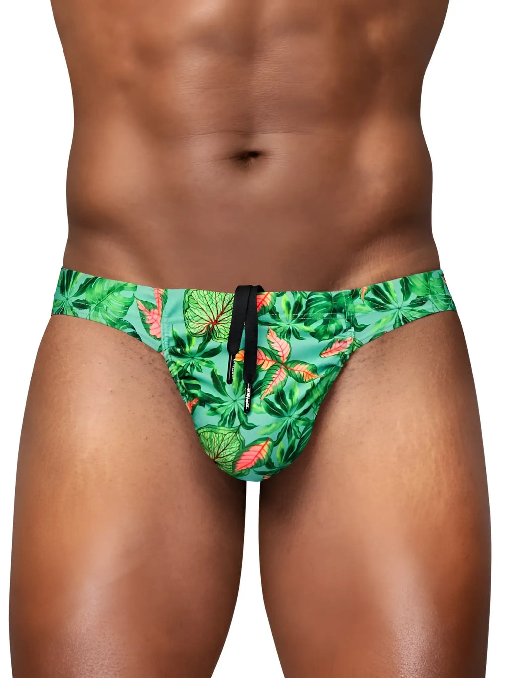Ergo wear ew1828 feel sw swim bikini in aqua leaves with green tropical leaf pattern and black drawstring waistband