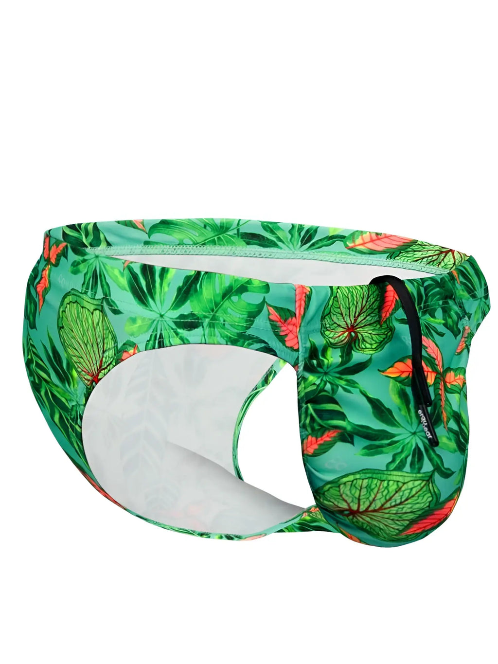 ErgoWear EW1828 feel sw men’s swim bikini in aqua-leaves with green tropical leaf pattern white lining and black drawstring