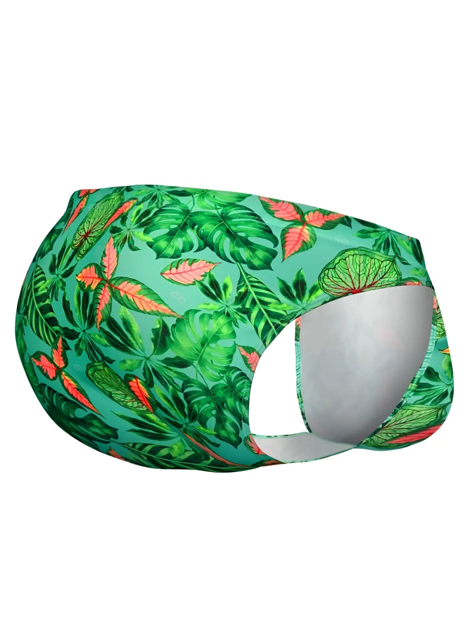 ErgoWear EW1828 FEEL SW vibrant green and coral tropical leaf swim trunks with sleek form-fitting aqua color design