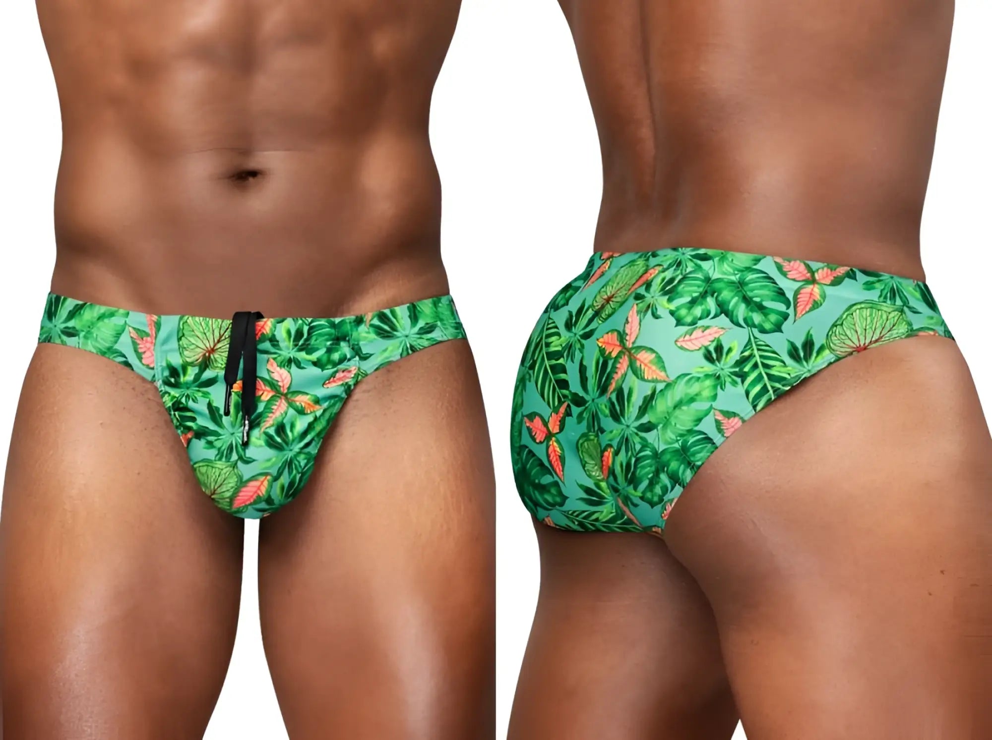 Ergowear ew1828 feel sw aqua-leaves swim bikini with vibrant green tropical leaf pattern, orange accents, and black drawstring