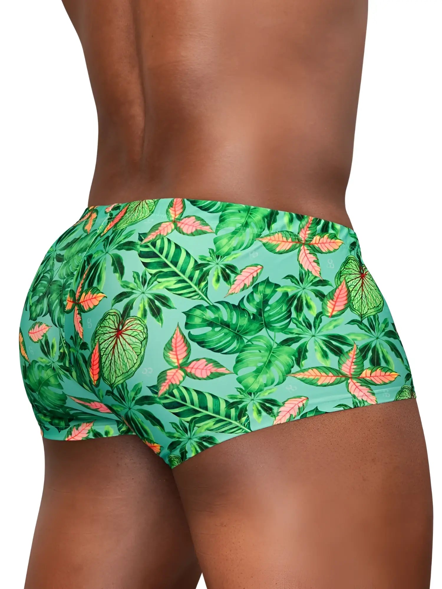 ErgoWear ew1829 feel sw mens swim trunks in aqua-leaves with green and pink tropical leaf pattern