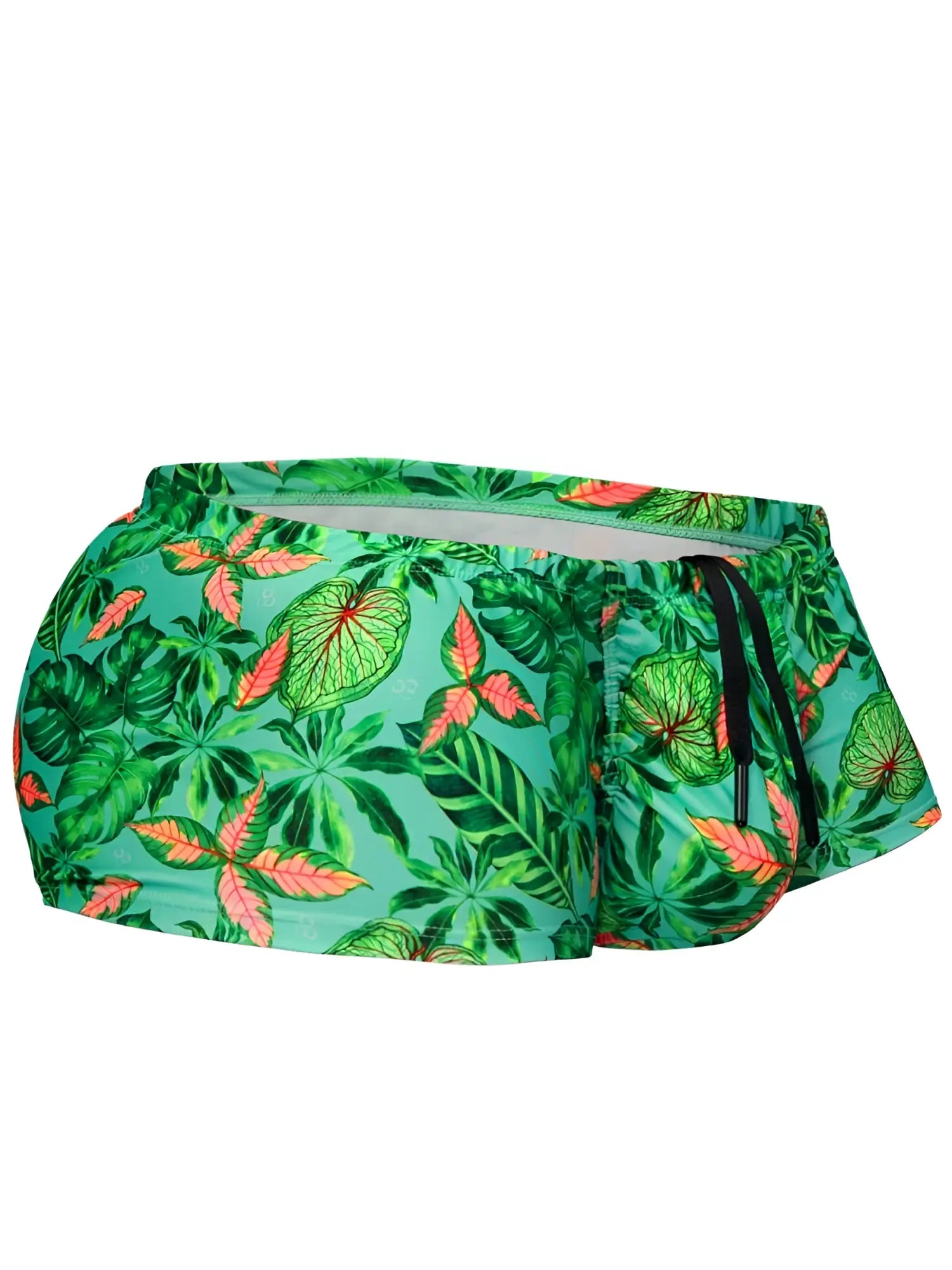 Ergowear ew1829 feel sw vibrant green and coral tropical leaf pattern swim trunks with drawstring waistband in aqua leaves