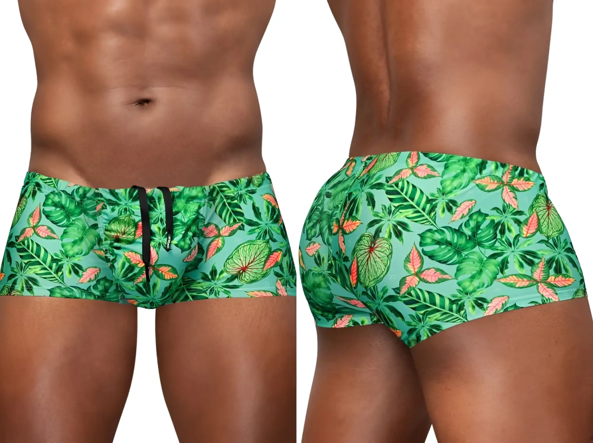 ErgoWear EW1829 FEEL SW swim trunks in aqua with vibrant teal green tropical leaf pattern and orange accents