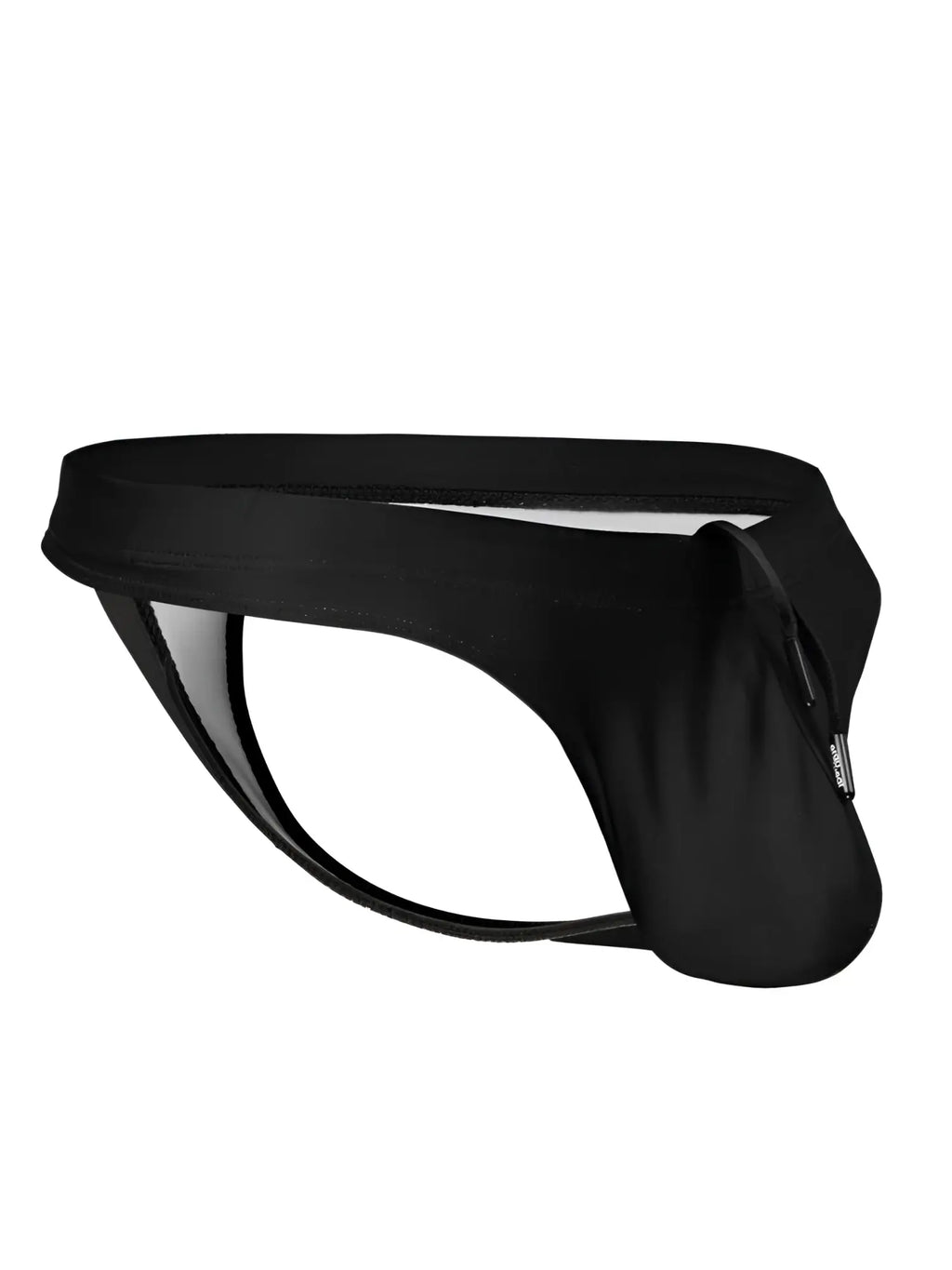 Black satin-like ergoWear ew1830 x4d sw swim thongs with sleek fit and subtle side zipper detail