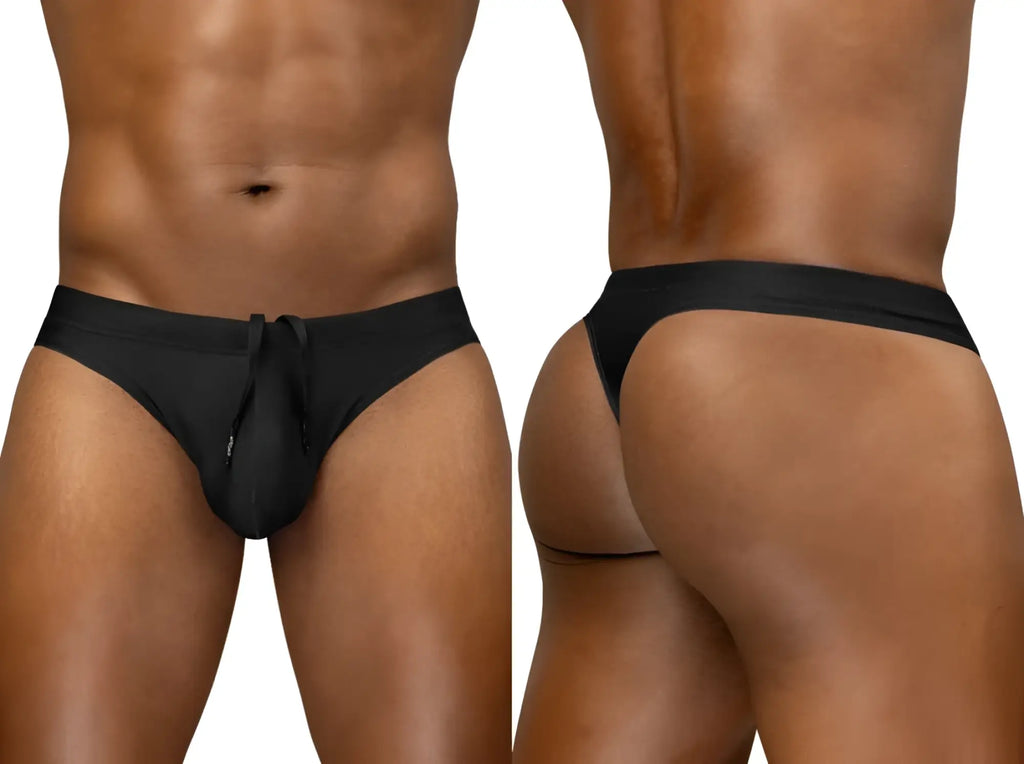 Black sleek form-fitting ErgoWear EW1830 X4D SW swim thong underwear with a drawstring waistband for comfortable wear