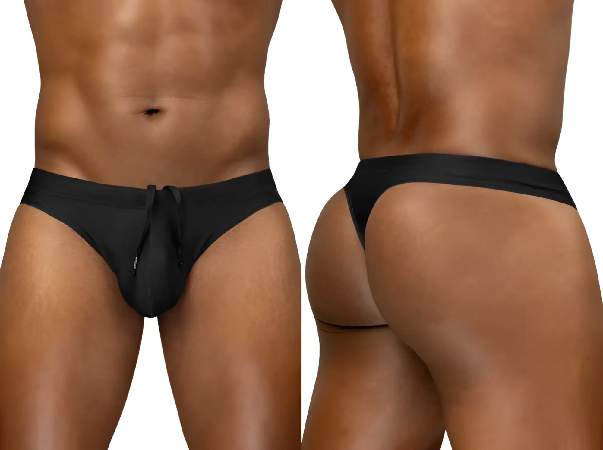 Black sleek form-fitting ErgoWear EW1830 X4D SW swim thong underwear with a drawstring waistband for comfortable wear