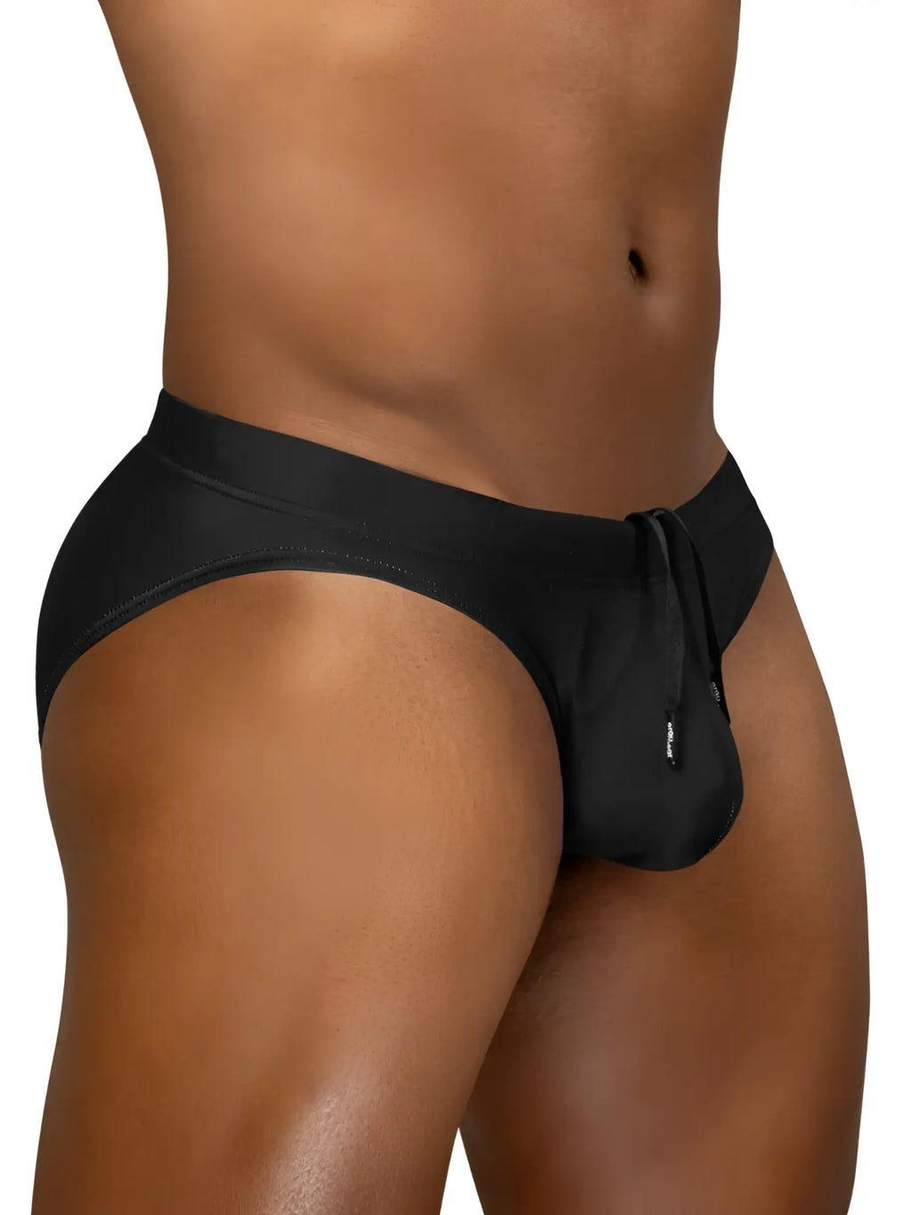 Black satin swim bikini briefs with drawstring waistband and brand tag by ergowear ew1831 x4d in black