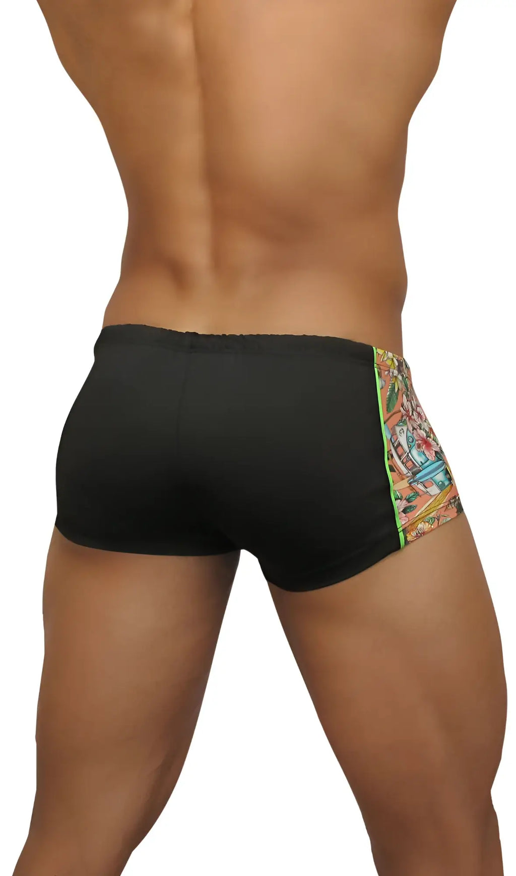 Black ergowear feel mini square cut trunk swimwear with vibrant colorful graphic design along the side seam size m