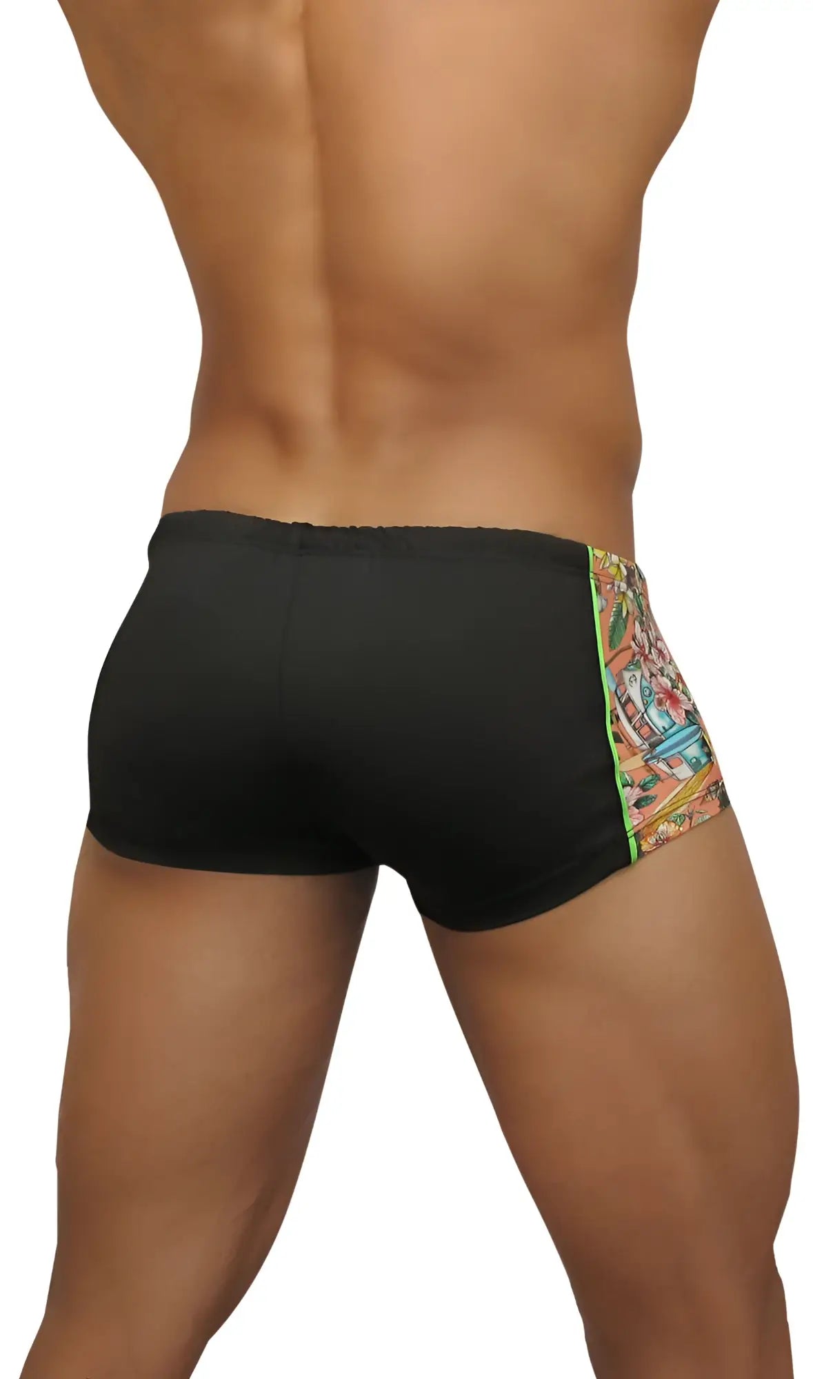 Black ergowear feel mini square cut trunk swimwear with vibrant colorful graphic design along the side seam size m