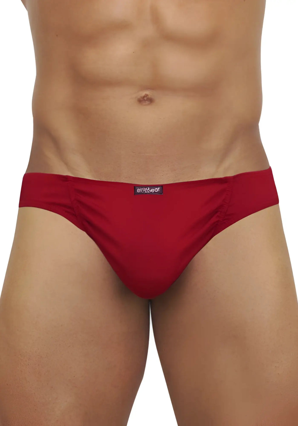 Red smooth textured ergowear feel modal bikini underwear scarlet with subtle brand tag size s shown from front