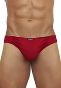 Red smooth textured ergowear feel modal bikini underwear scarlet with subtle brand tag size s shown from front