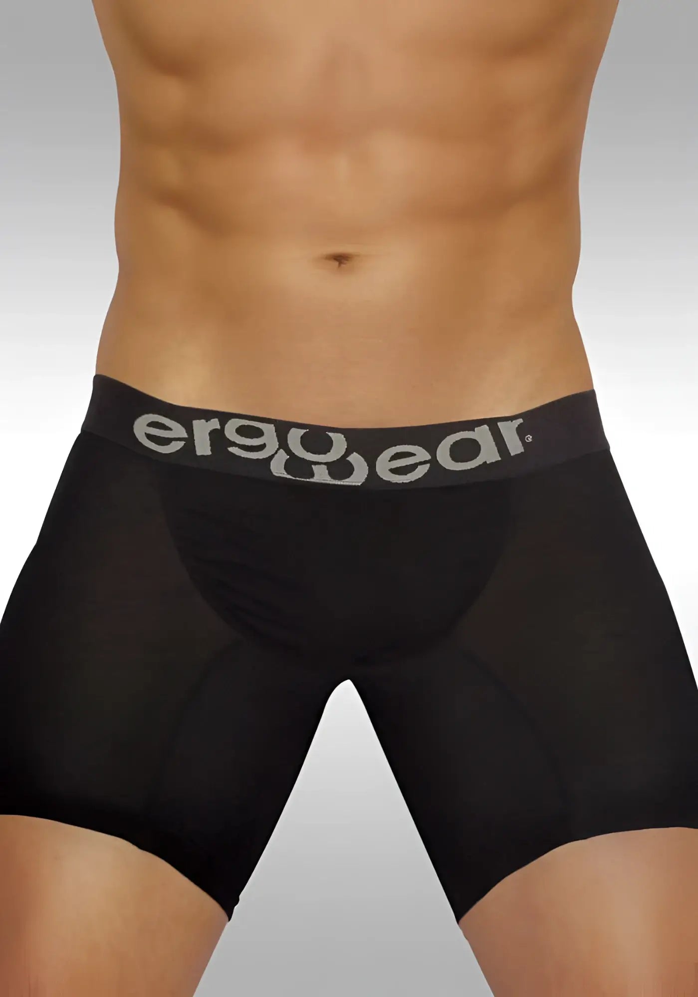 Black ergowear feel modal long boxer briefs with gray waistband and ergowear logo size m ergonomic underwear