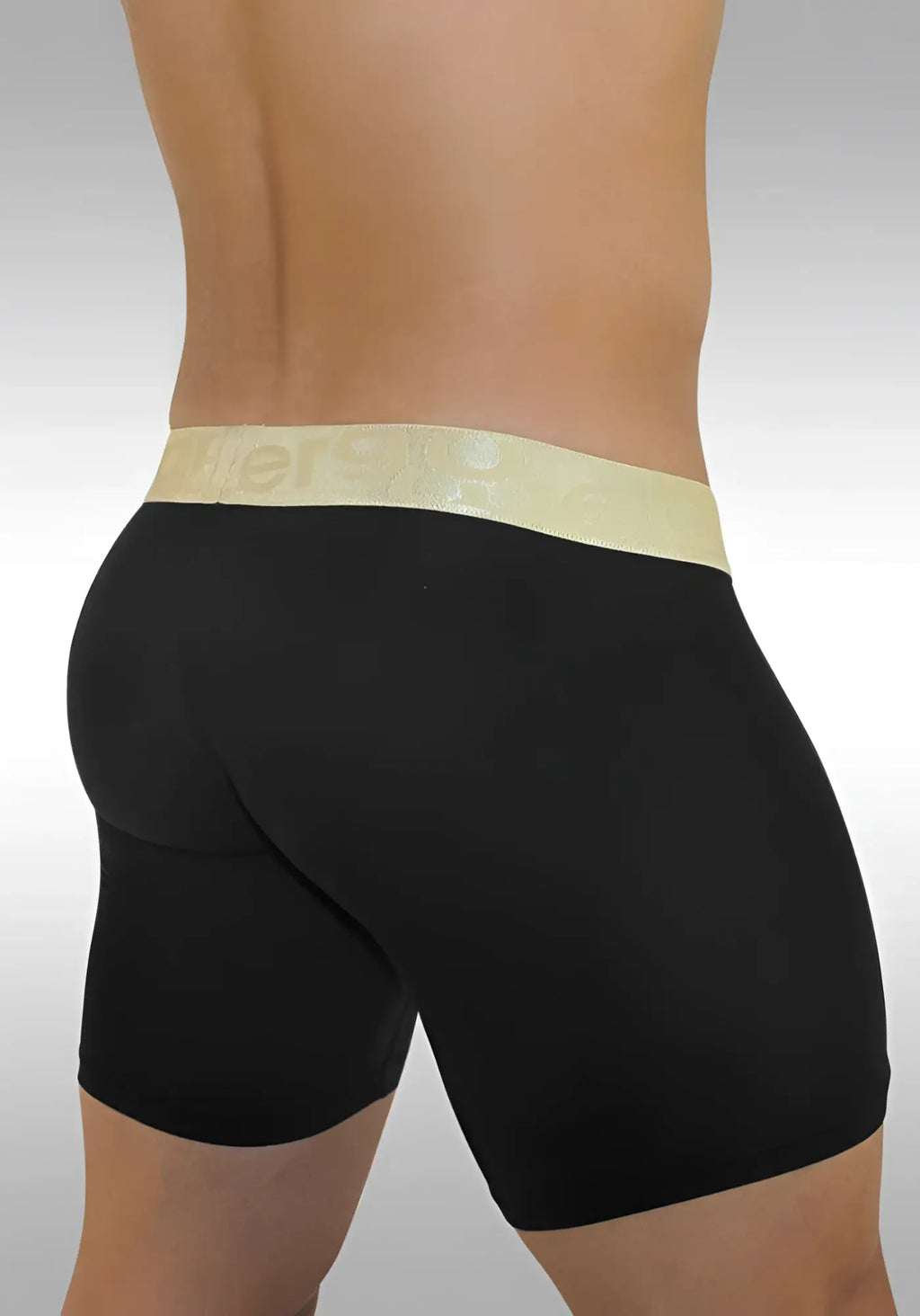 Ergowear Feel XV midcut long boxer briefs in black with gold elastic waistband and brand name size small