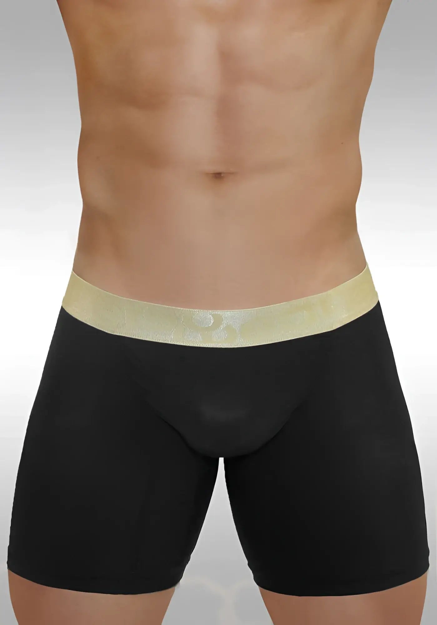 Black ergowear feel xv midcut long boxer briefs with light gold embossed waistband size s