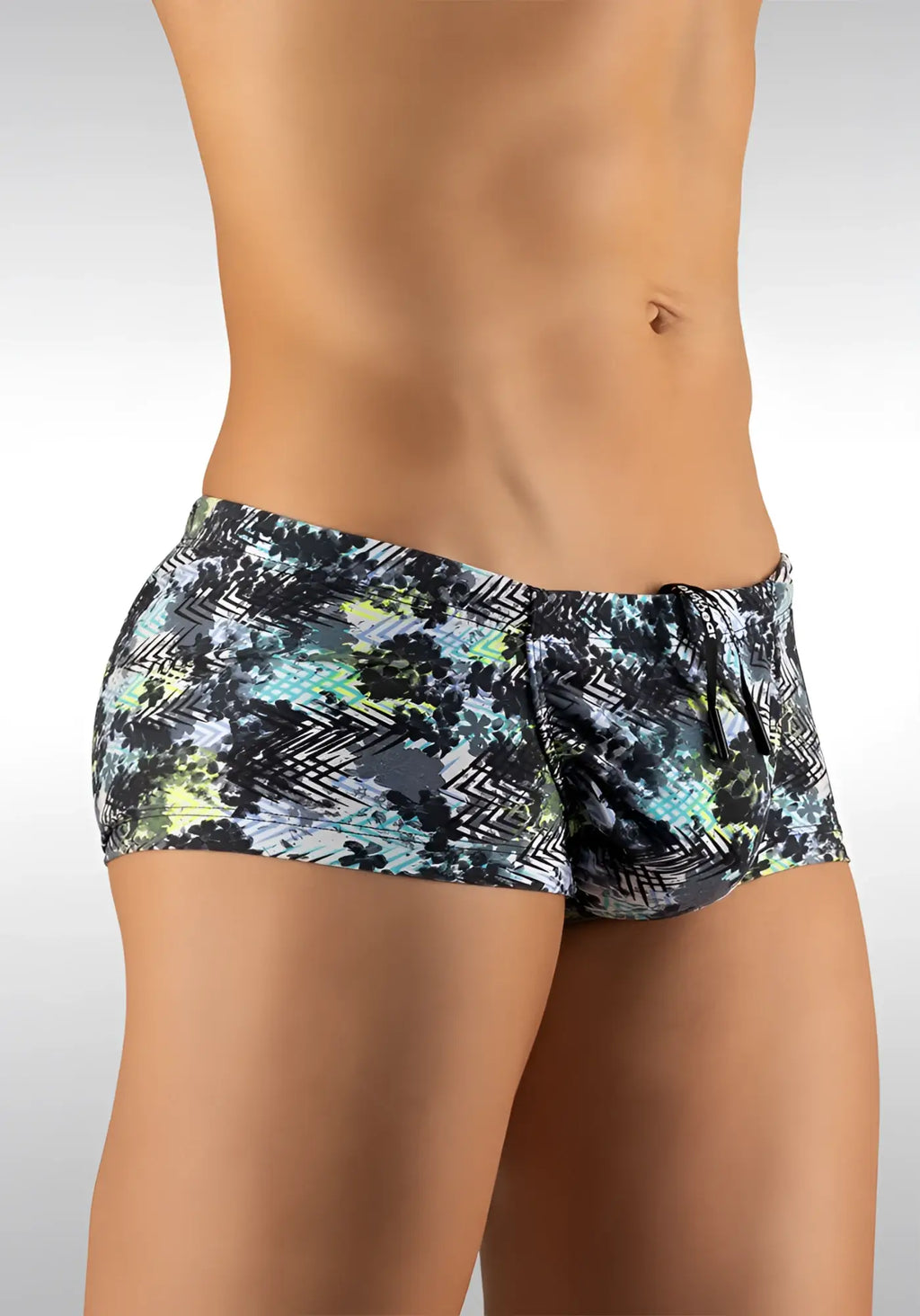 Ergowear Feel Zigzag mini square cut trunk swimwear in teal black and gray with vibrant abstract chevron pattern size M