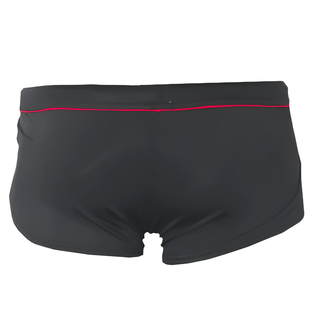 Ernesto square trunk black swim trunks with red trim along the waistband for stylish beachwear