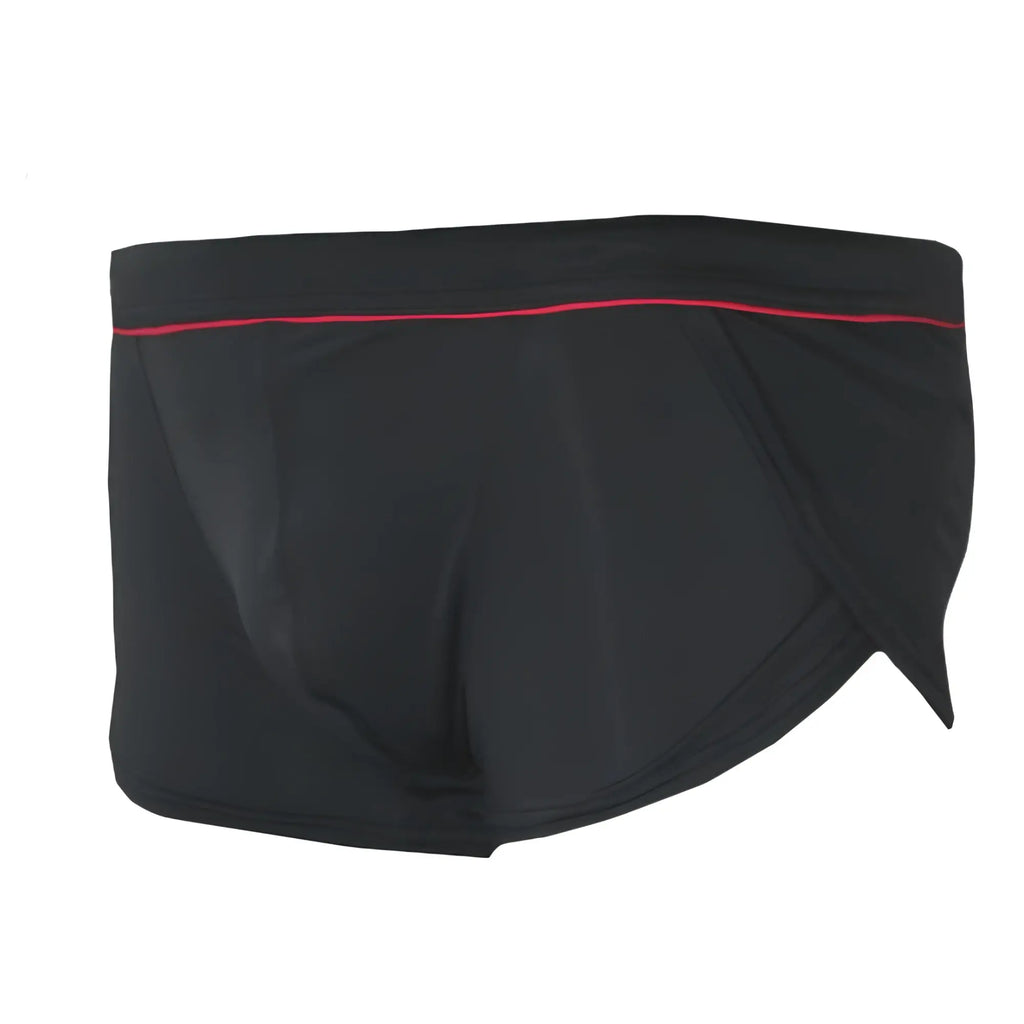 Black Ernesto square trunk swim trunks with red trim along the waistband for casual beachwear