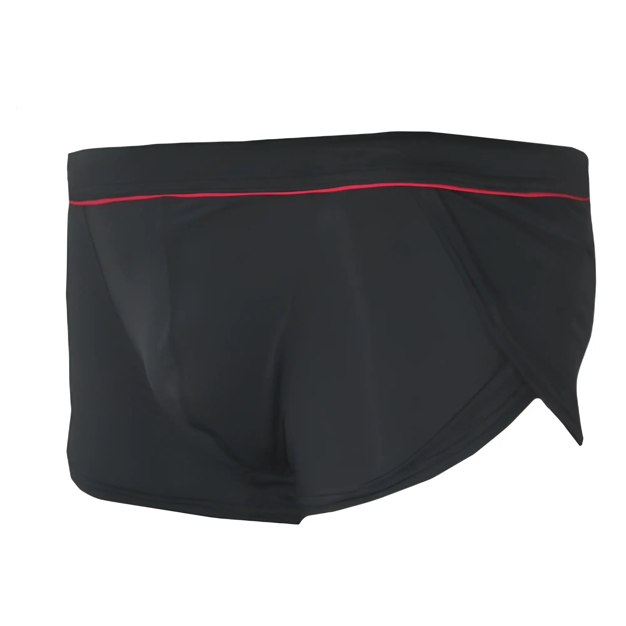 Black Ernesto square trunk swim trunks with red trim along the waistband for casual beachwear