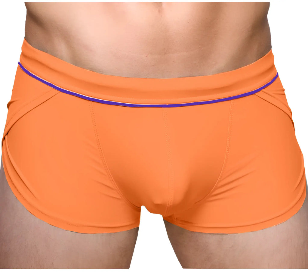 Bright orange ernesto square trunk boxer briefs with purple waistband trim designed for comfortable daily wear