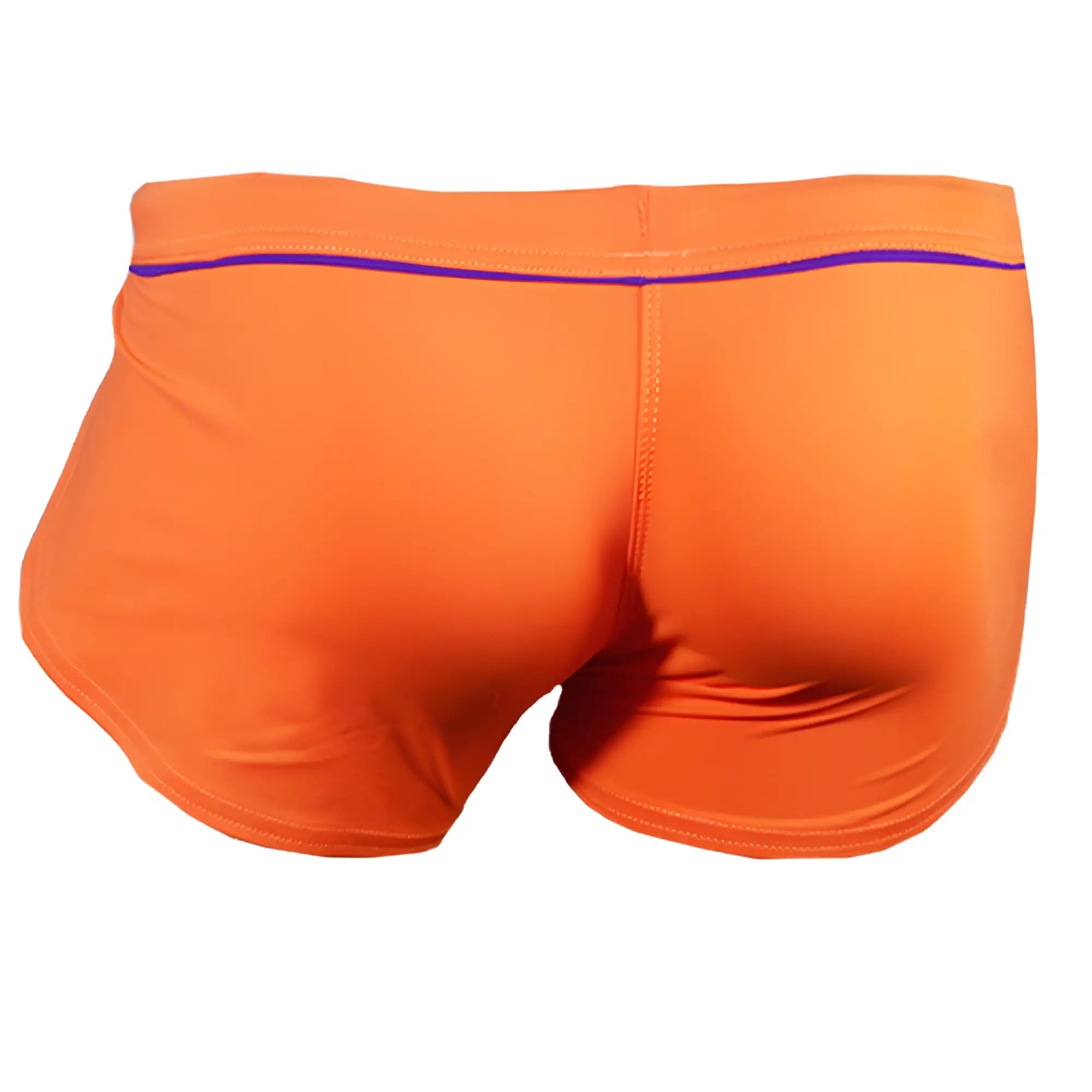 Bright orange Ernesto square trunk swim trunks with purple waistband trim designed for beach and pool use