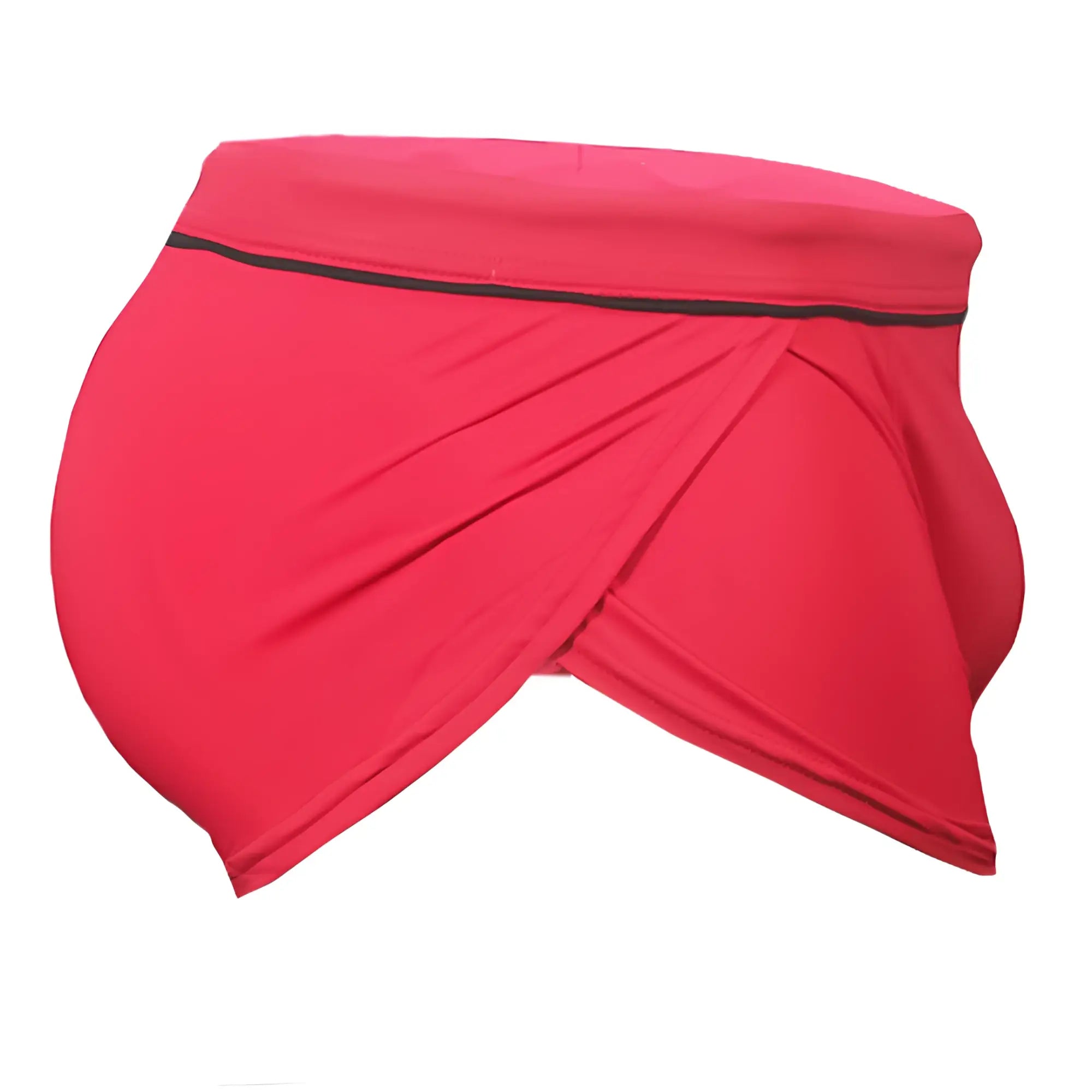 Ernesto square trunk bright red stretchy fabric wraparound shorts with black trim along the waistband