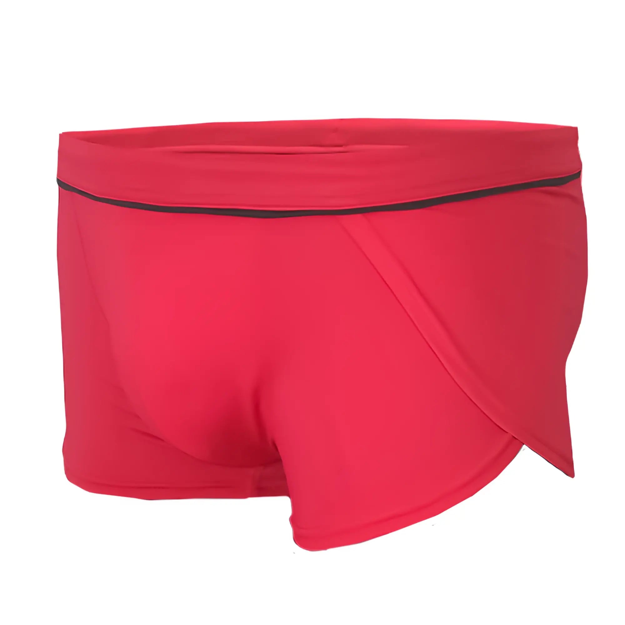 Ernesto square trunk bright red swim trunks with black trim waistband and side slit for swimming and beachwear