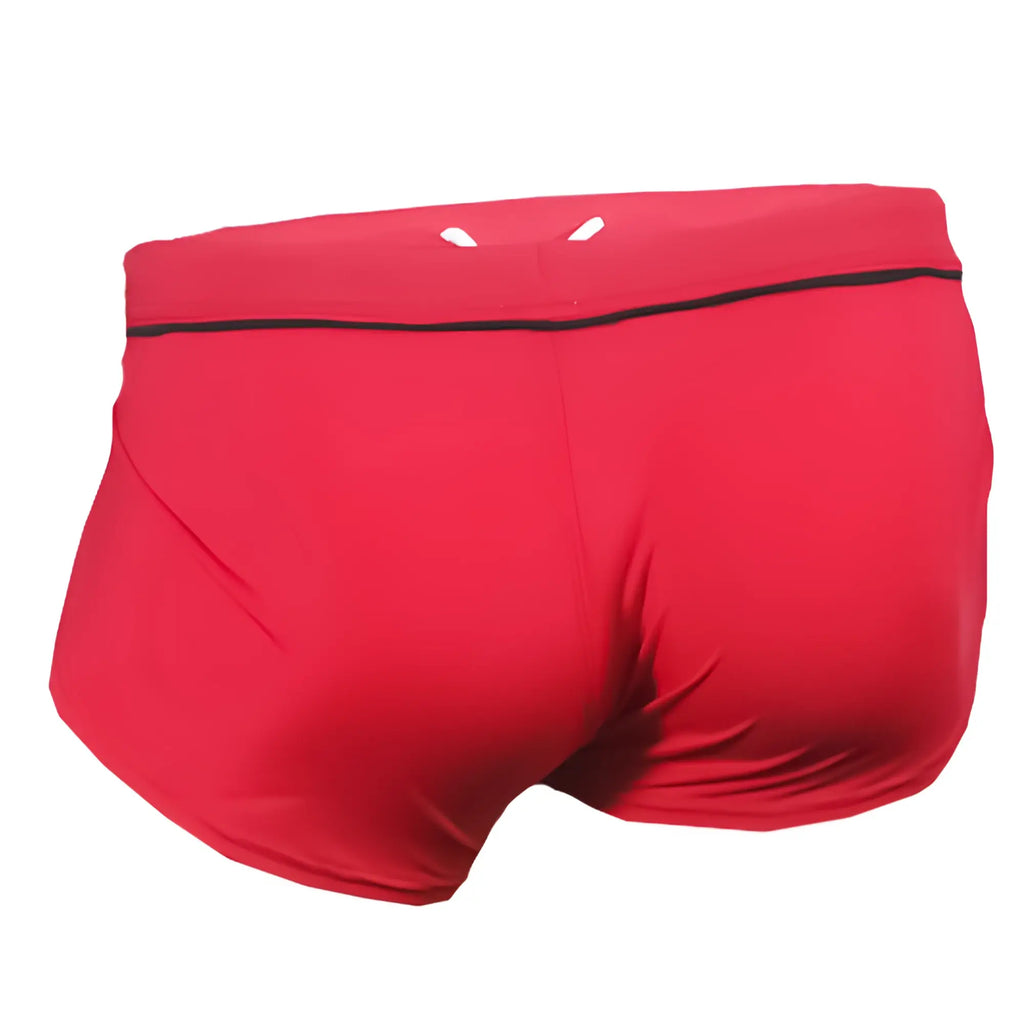Ernesto square trunk swimwear showing the back side red swim trunks with black waistband trim and white tabs