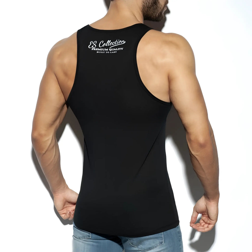 Black es collection basic tank top showing back with white embroidered branding on cotton fabric