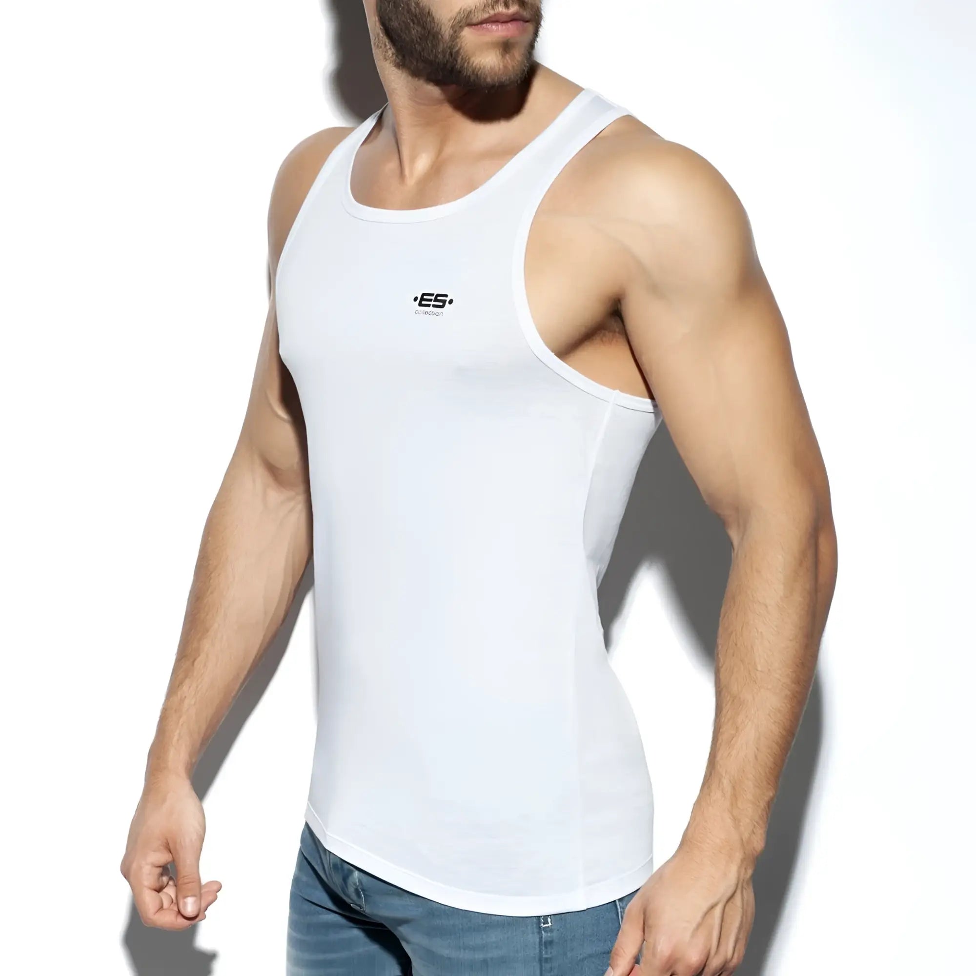 White men’s cotton tank top es basic tank with small black logo on the chest for casual wear
