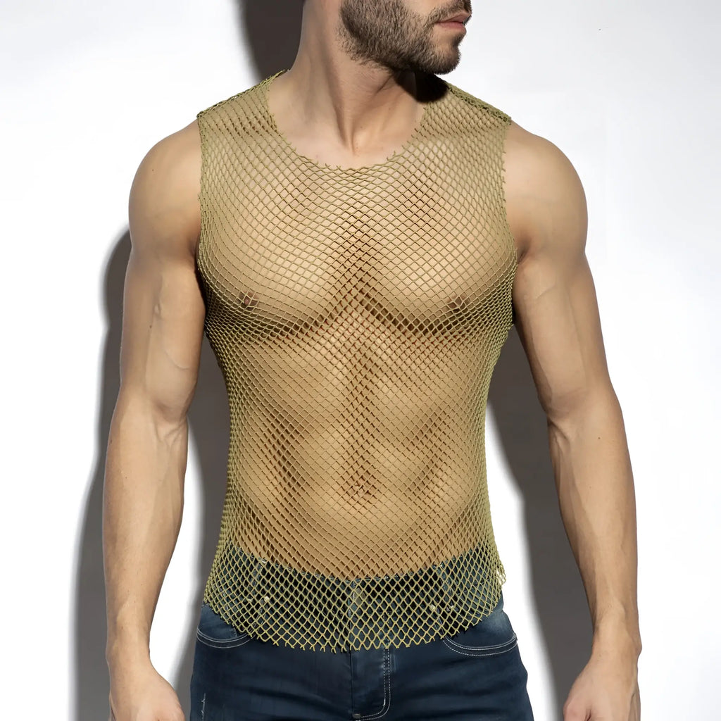 Beachy net tank top gold-toned mesh fitted sleeveless design with rounded neckline perfect for summer wear